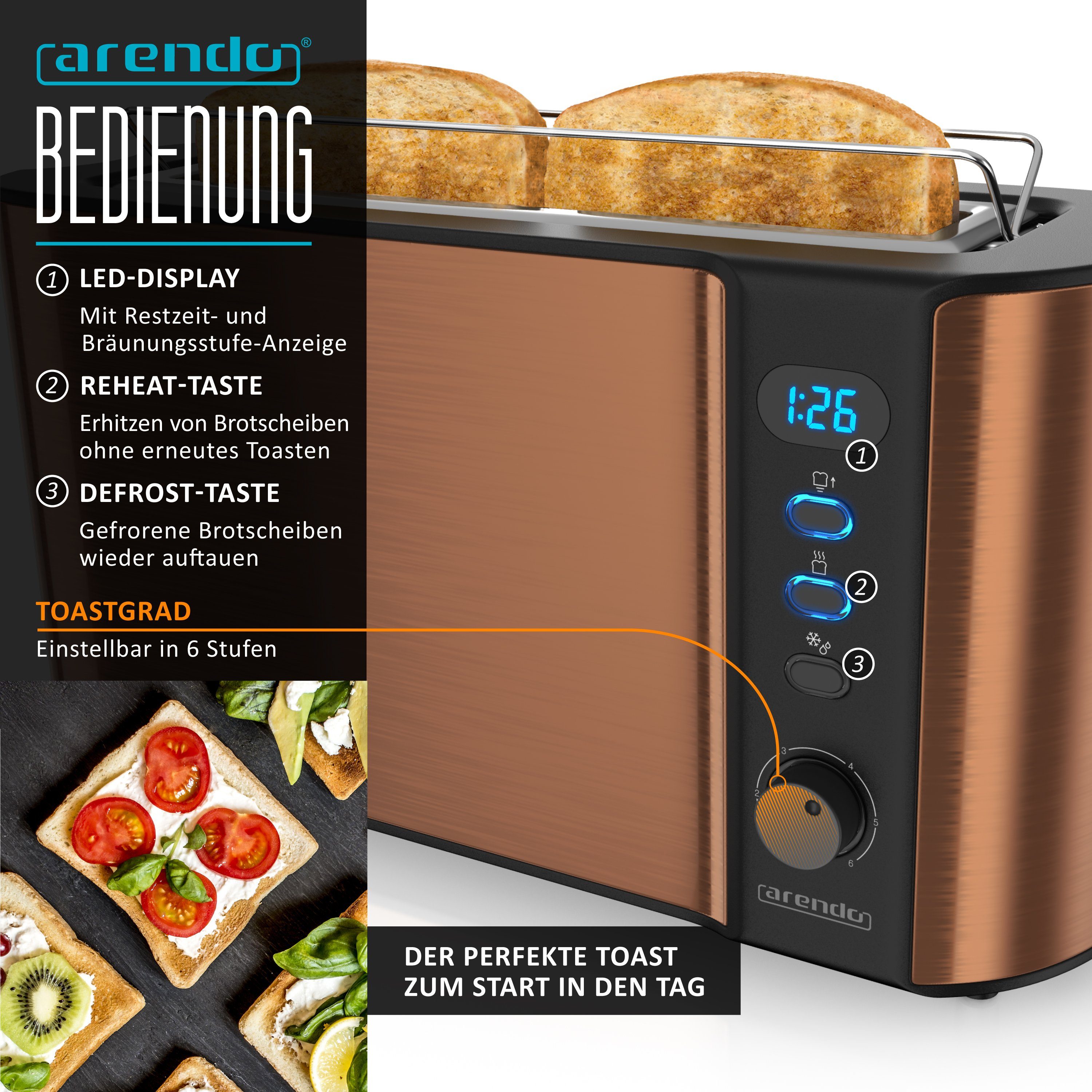 Arendo Frühstücks-Set Wasserkocher 1,5l & 2-Scheiben Langschlitz Toaster, Edelstahl, Kupfer (2-tlg), Wasserkocher mit Temperaturwahl, Toaster mit Brötchenaufsat – Bild 4 von 5