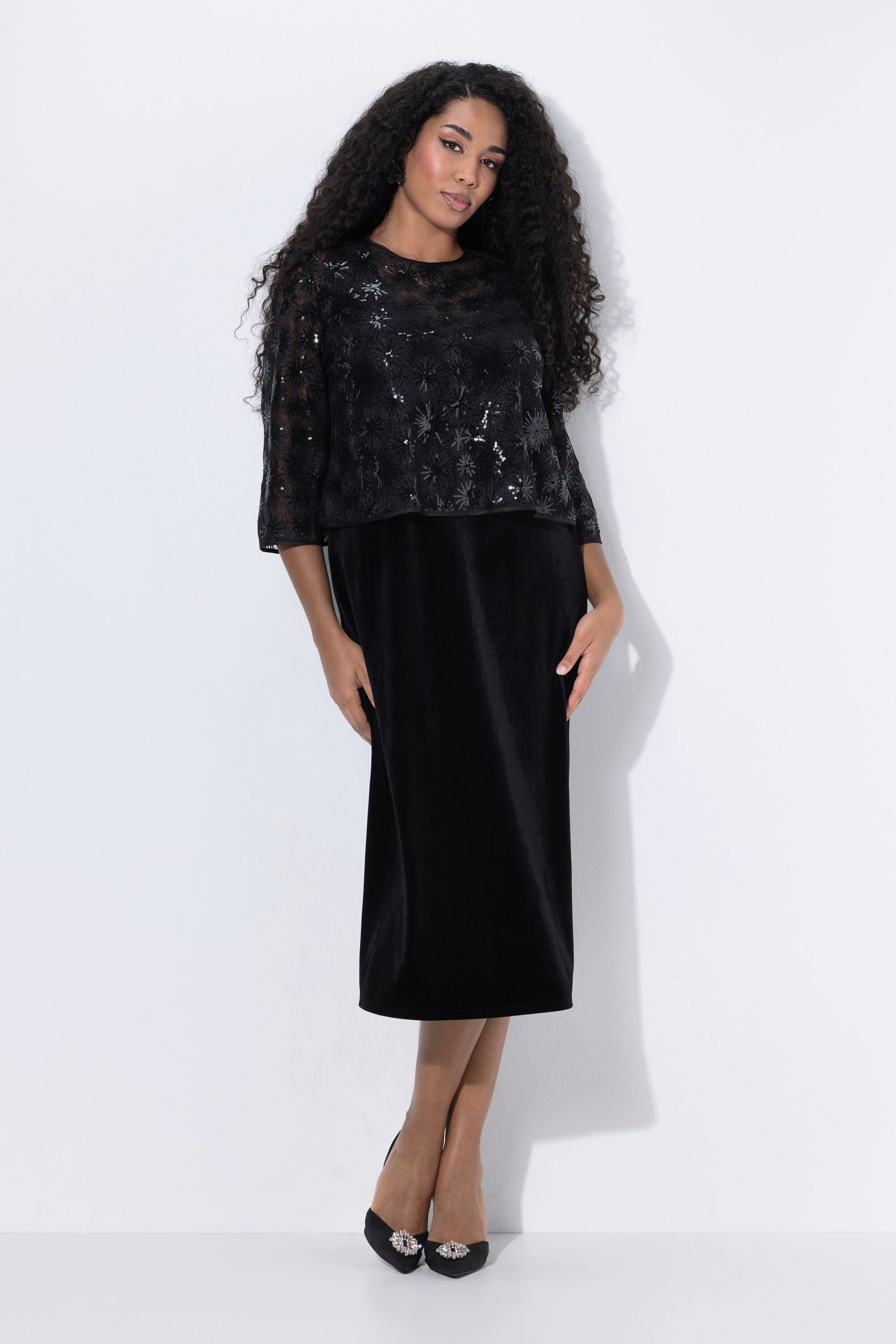 Ulla Popken Cocktailkleid Cocktail-Midikleid Pailletten Rundhals günstig online kaufen