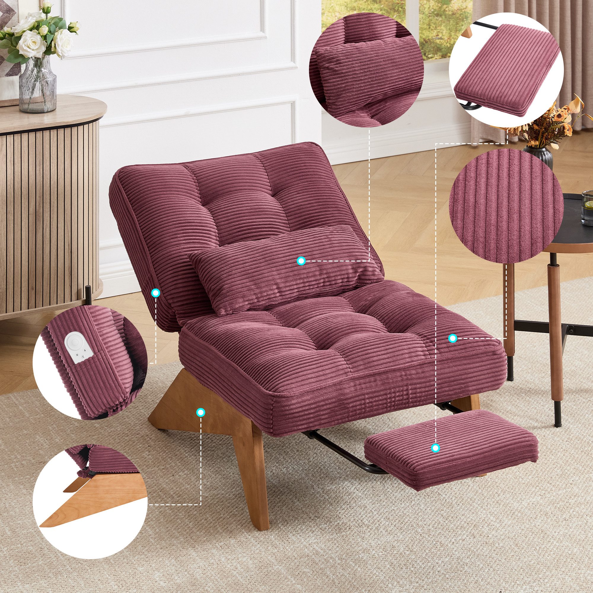 Furnishings Home Relaxsessel verstellbarer Loungesessel mit Fußstütze & Lendenkissen, Holzrahmen (Wohnzimmer/Schlafzimmer/Studierzimmer/Restaurant/Büro), Cord-Stoff, bis 220kg, verstellbare Rückenlehne, ausziehbare Fußstütze