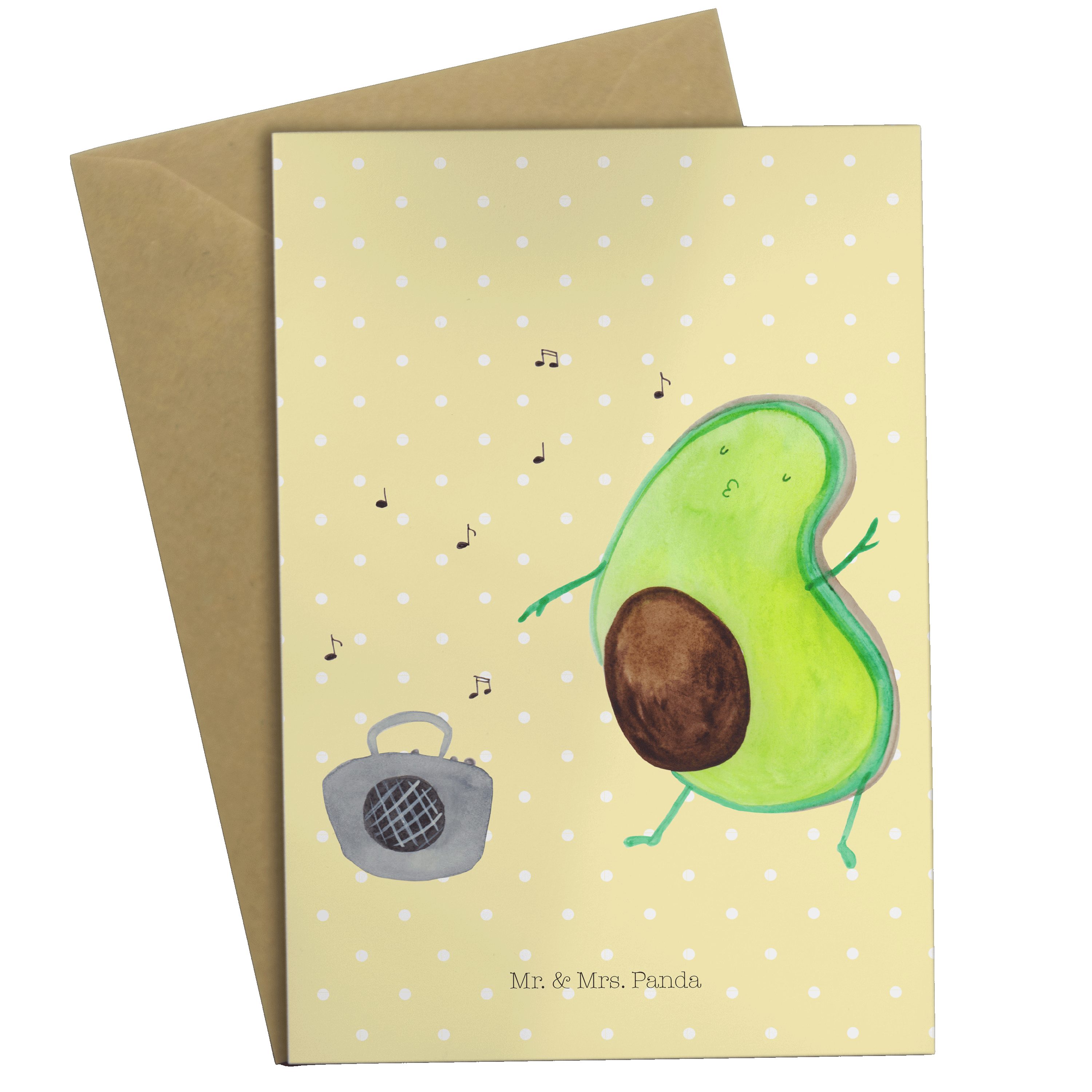 Mr. & Mrs. Panda Grußkarte Avocado tanzt - Gelb Pastell - Geschenk, fröhlich, Karte, Gesund, Ein