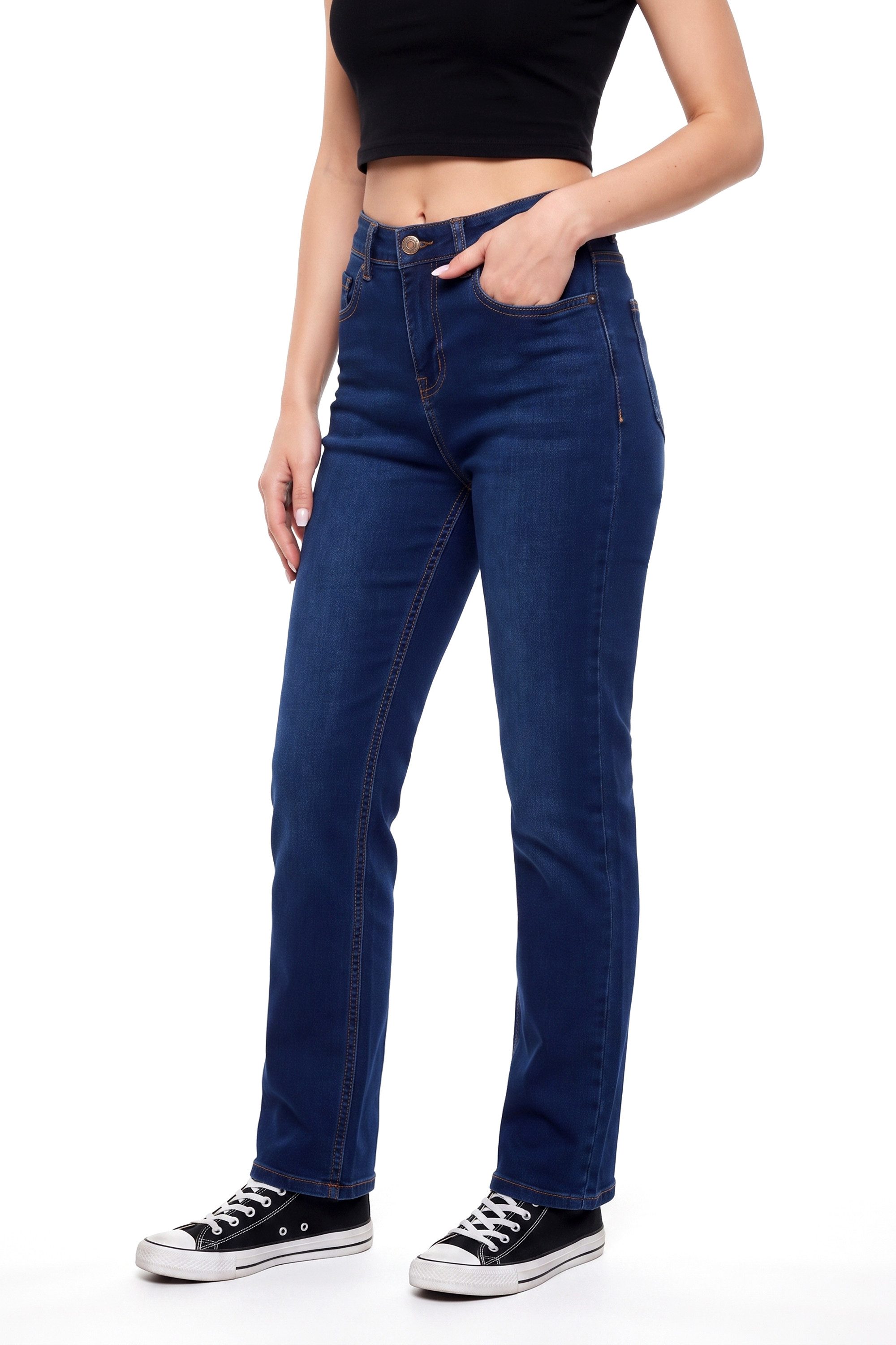 ESRA Regular-fit-Jeans Damen Jeans Straight Leg Stretch Jeans Damen Gerades Bein Jeanshose Straight Jeans Damen Geradeschnitt High Waist Jeanshose bis Übergröße – Bild 2 von 5
