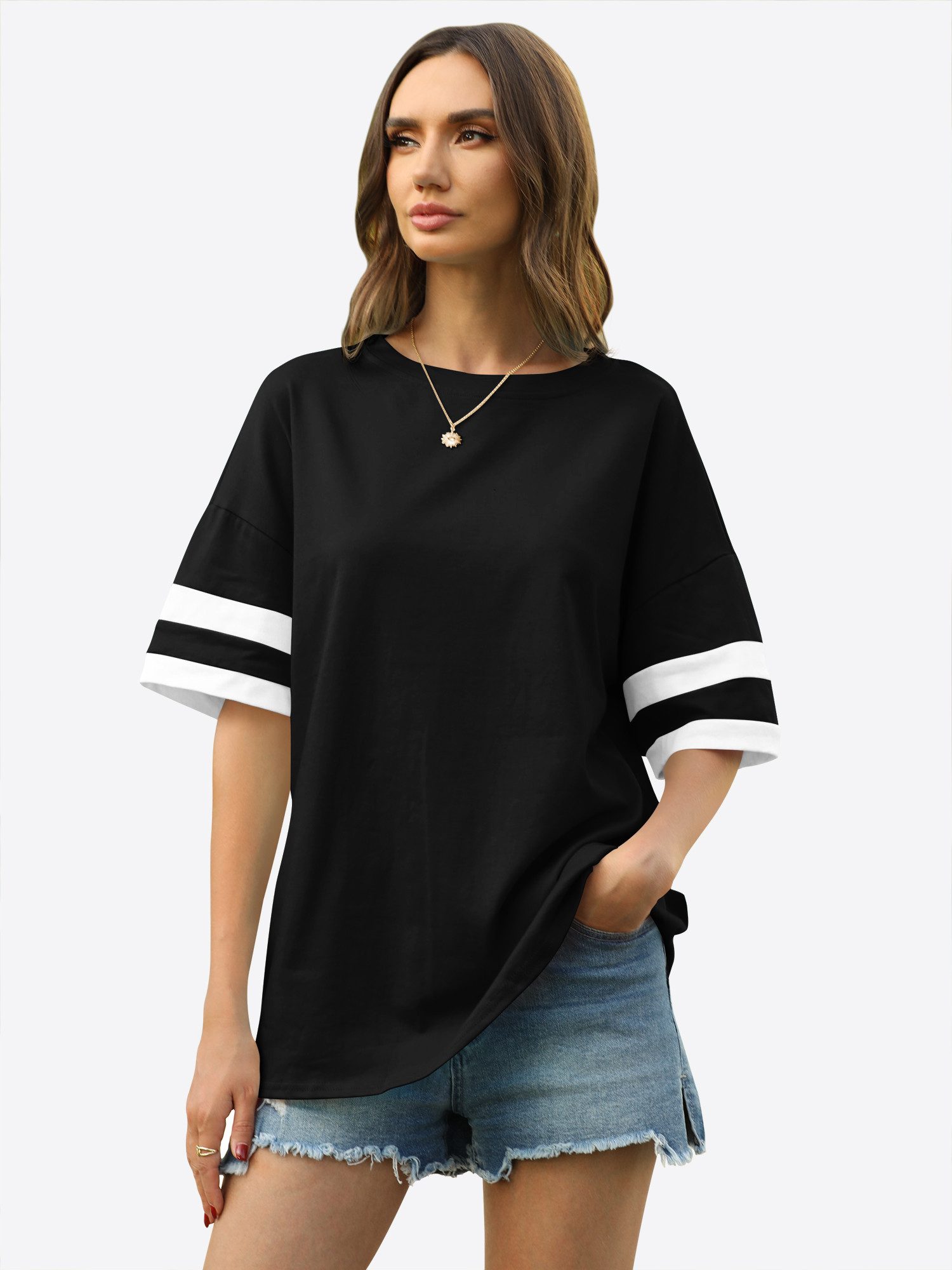 Imily Bela Kurzarmshirt Oversized T-Shirt Rundhalsausschnitt Loose Lässig (Packung, 1-tlg., 1per-Pack) mit Kontraststreifen an den Ärmeln