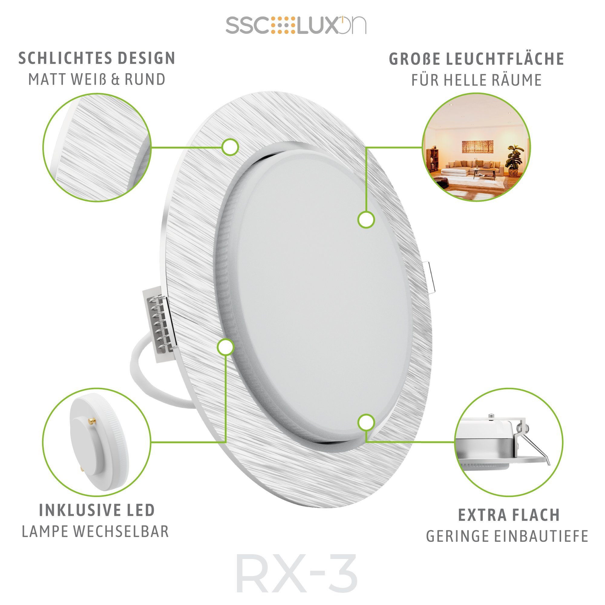 flache Warmweiß RX-3 Spots Einbauleuchten GX53 Set SSC-LUXon mit Alu 10er LED Einbaustrahler rund LED LED,