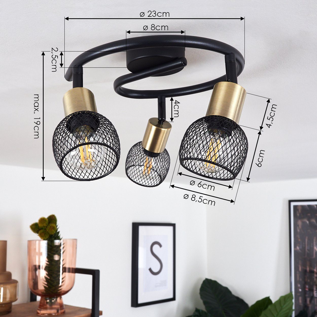hofstein Deckenleuchte »Pieve« Deckenlampe aus Metall schwarz, gold Zimmerlampe 3-flammig, ohne Leuchtmittel, 3xE14, Leuchtenköpfe sind beliebig schwenkbar – Bild 4 von 5