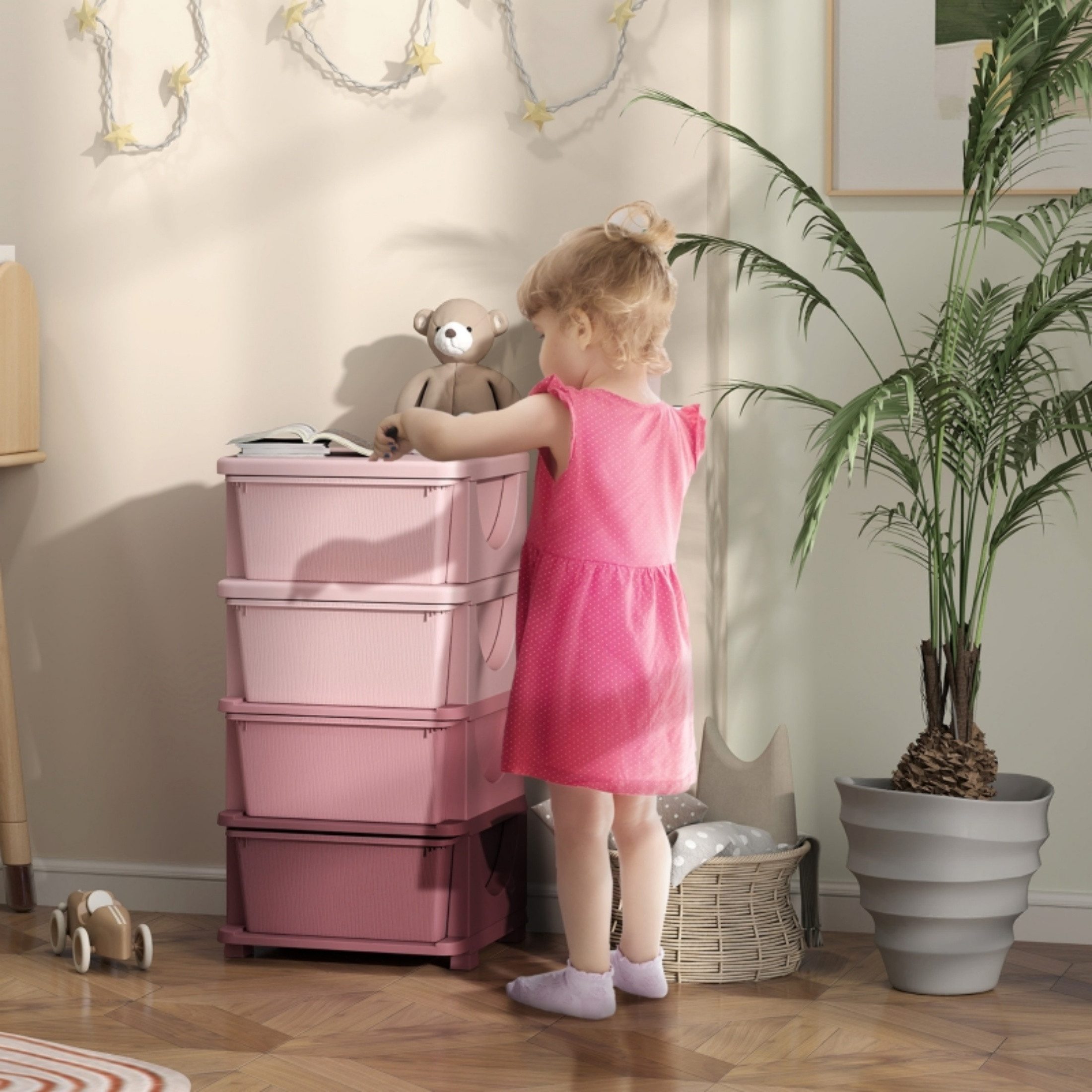 autolock Spielzeugtruhe Хранилищаsboxen, 4 Schubladen, abgerundete Kanten, erhöhtes Design, 37x37x76 cm, für Kinder, Rosa