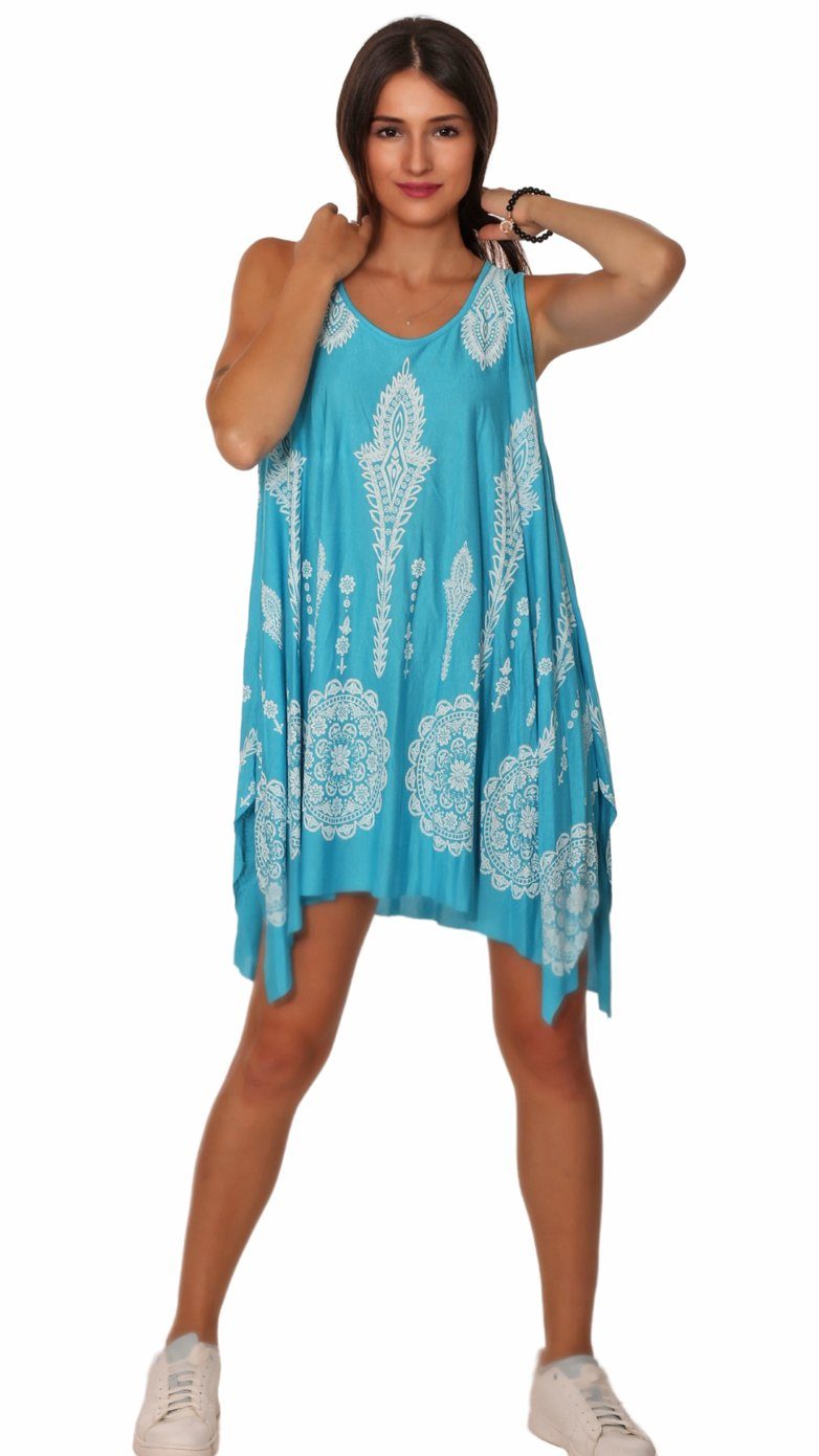 Charis Moda Sommerkleid Trägerkleid knielang Indian Ornamentic Print Hellblau