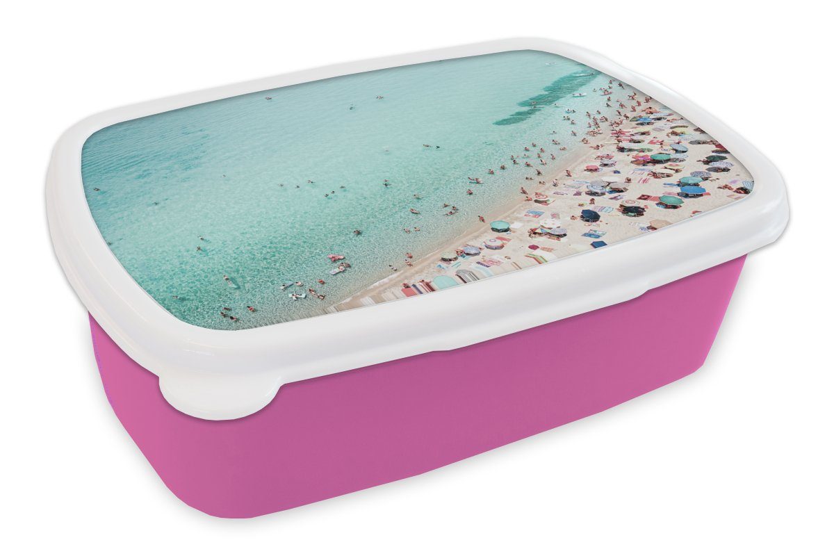 MuchoWow Lunchbox Meer - Strand - Sonnenschirme - Blau - Sommer, Kunststoff, (2-tlg), Brotbox für Erwachsene, Brotdose Kinder, Snackbox, Mädchen, Kunststoff rosa