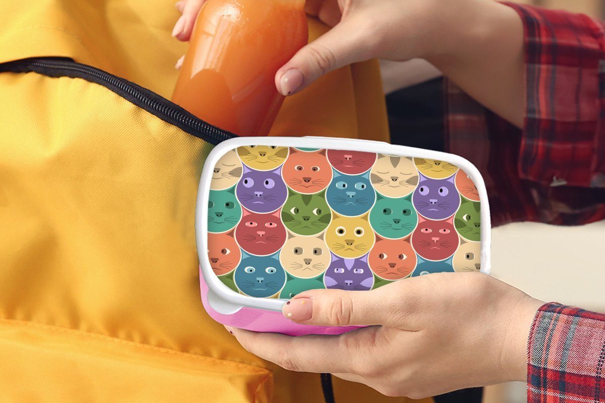Mädchen, Design, - - MuchoWow Kunststoff, Brotbox - Kind für Erwachsene, rosa Katzen Regenbogen (2-tlg), Lunchbox Brotdose Snackbox, Kinder, Kunststoff