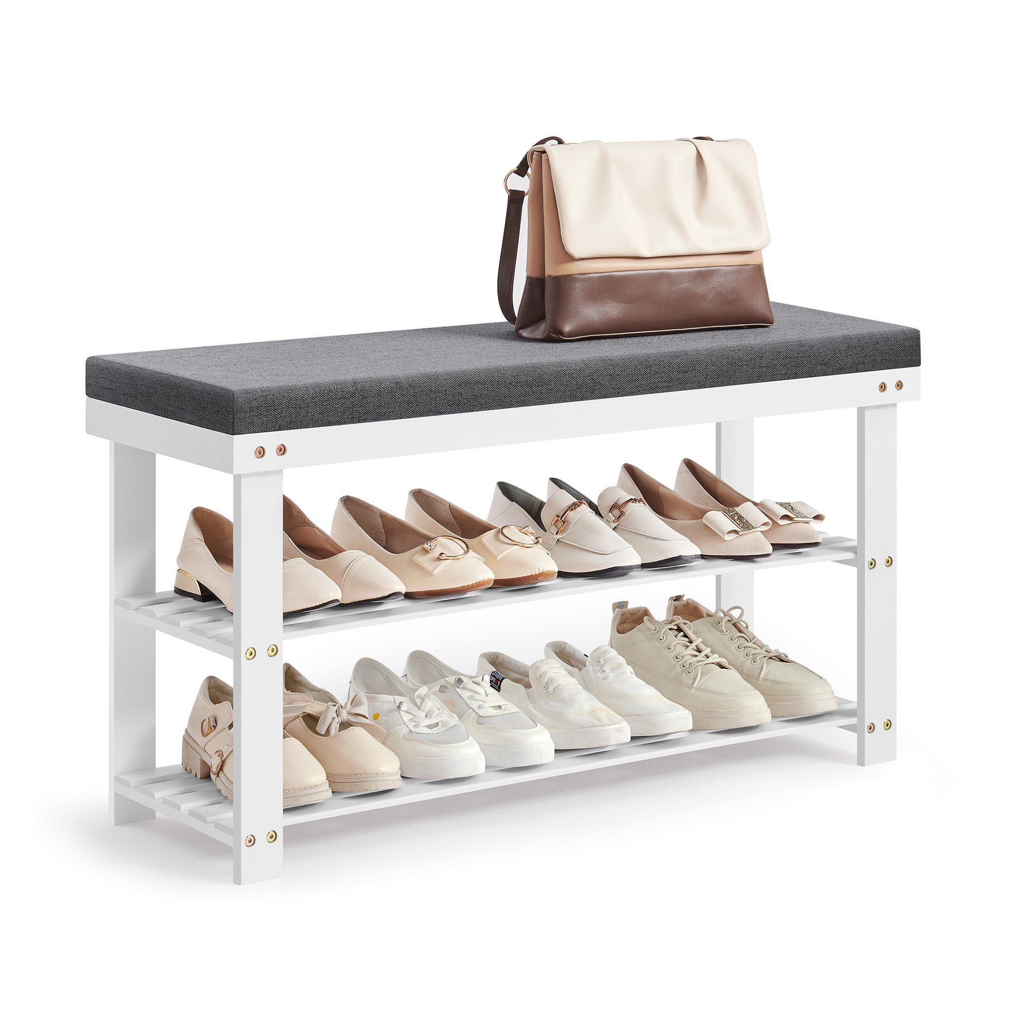 SONGMICS Schuhbank aus Bambus, Schuhregal mit 2 Regalebenen, Sitzbank, Sitzfläche bis 136 kg belastbar, 30,2 x 90 x 48,8 cm