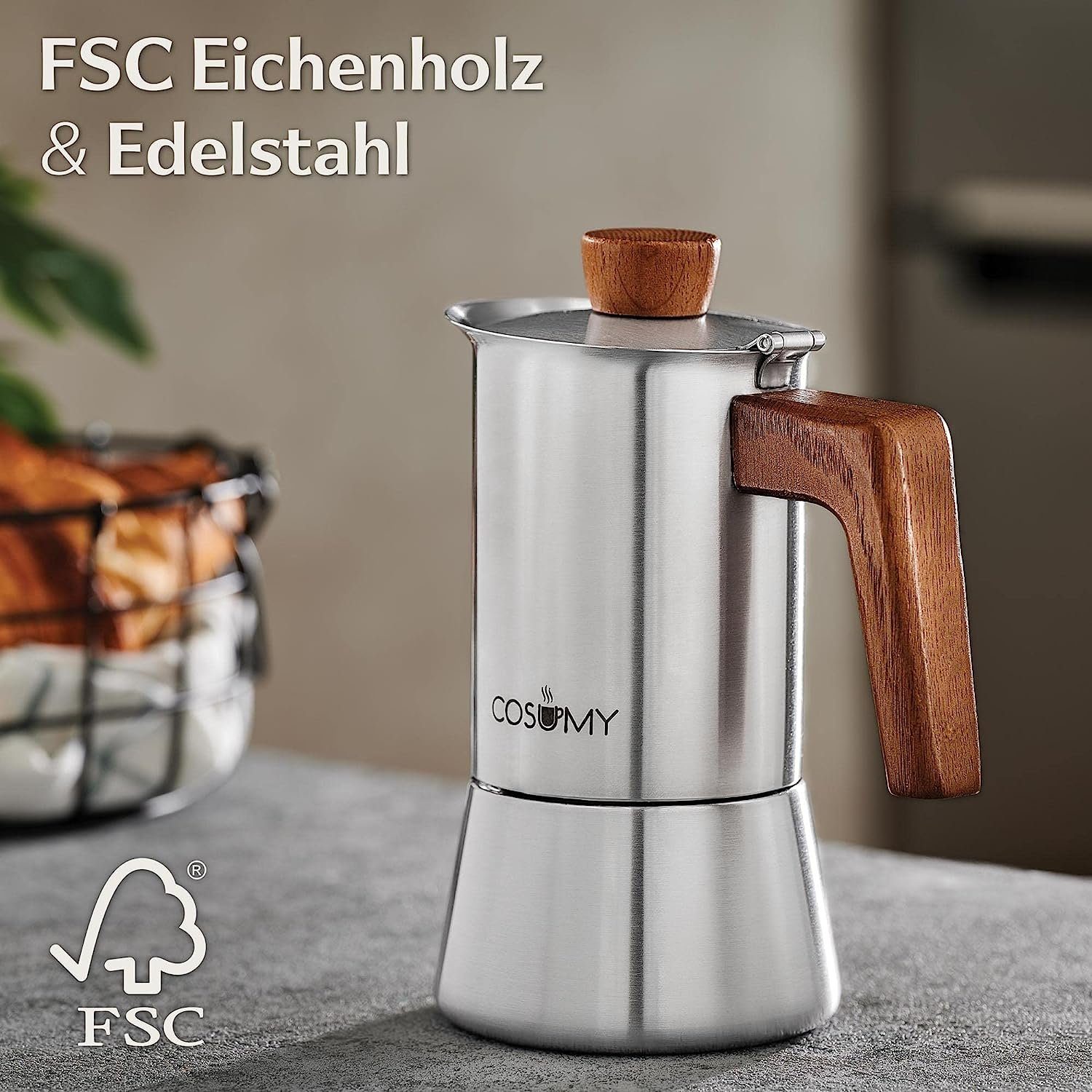 Cosumy Espressokocher, Induktionsgeeignet, FSC-zertifiziertes Eichenholz