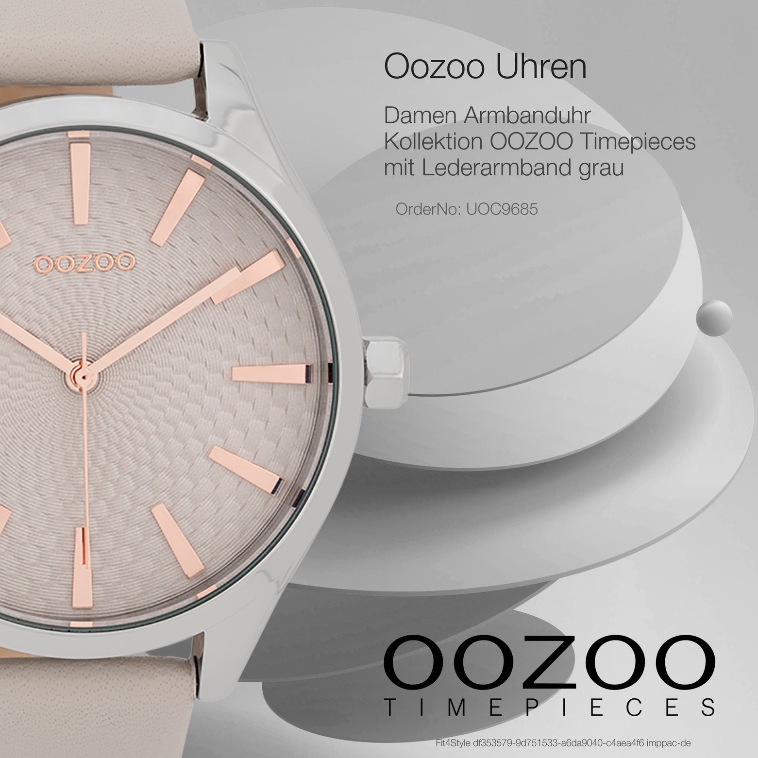 rund, Fashion 42mm), Damen Lederarmband Timepieces, (ca. Oozoo groß Damenuhr Armbanduhr Quarzuhr grau, OOZOO