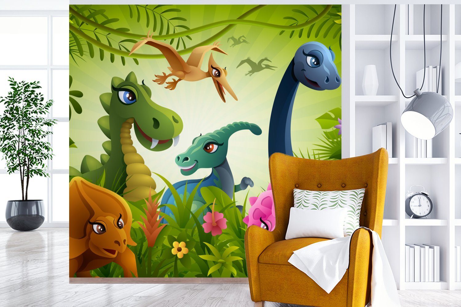 MuchoWow Fototapete Dinosaurier - Tiere - - Matt, St), -, Dschungel - für (5 Wandtapete Jungen Schlafzimmer, Baby oder Vinyl bedruckt, Illustration - Wohnzimmer Tapete