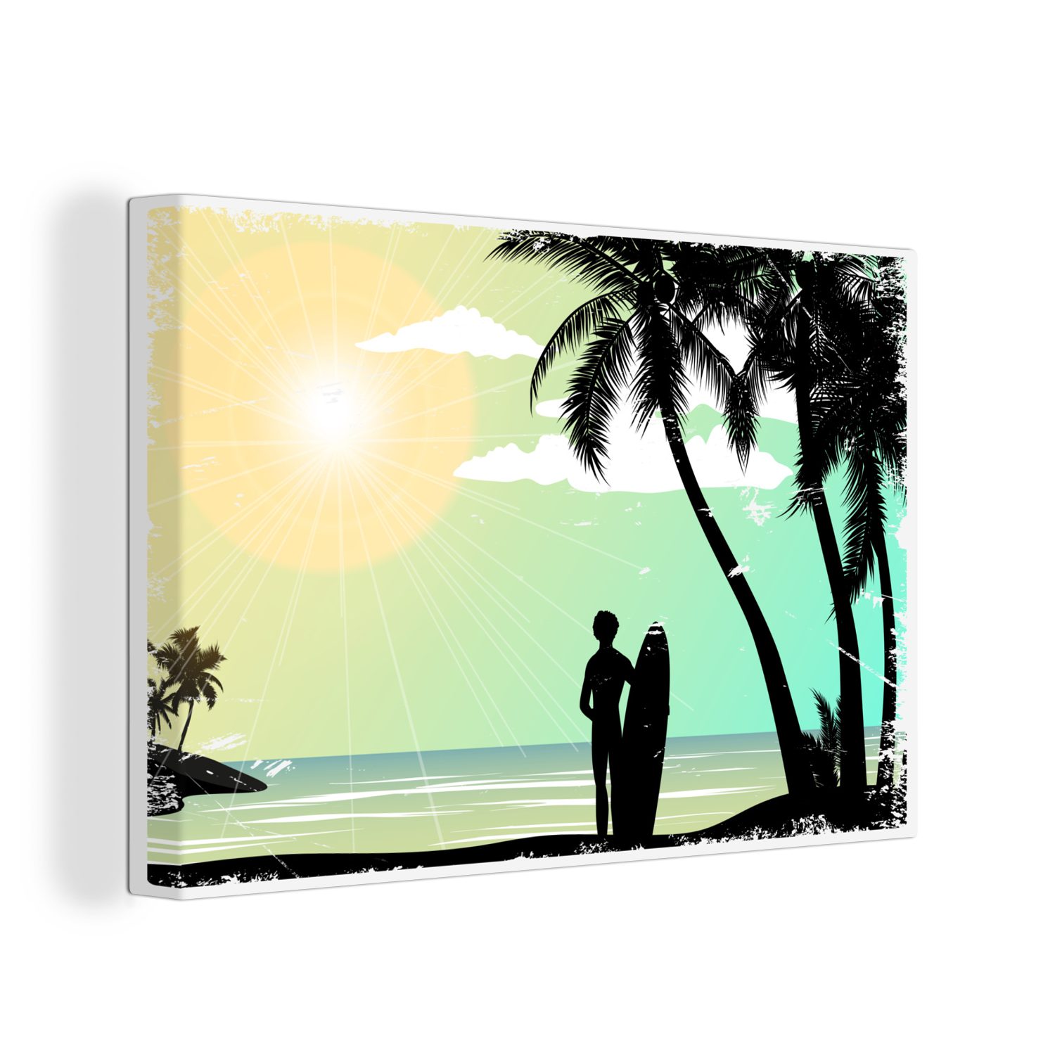 Aufhängefertig, (1 Wanddeko, - Sonne Leinwandbilder, St), Palme Leinwandbild - Strand - OneMillionCanvasses® Surfbrett, 30x20 Wandbild cm