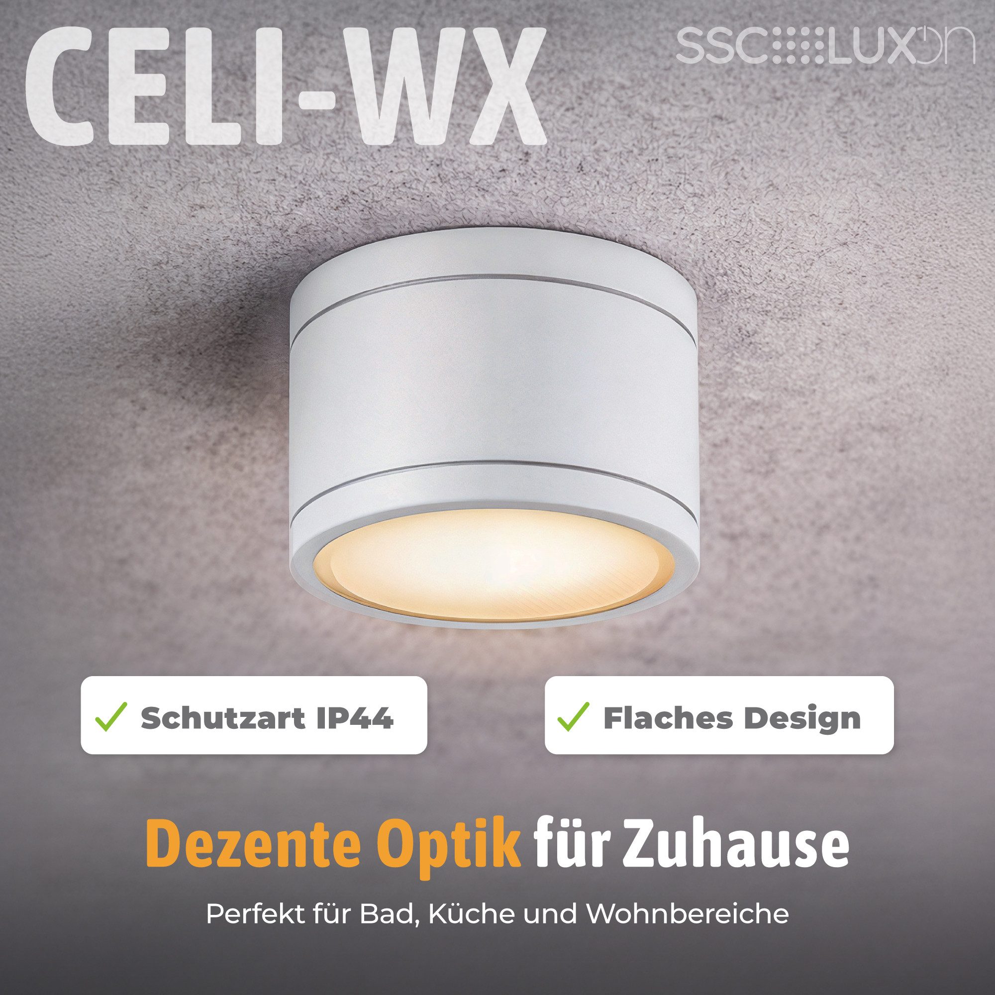 SSC-LUXon LED Außen-Deckenleuchte CELI-WX LED Aufbaustrahler IP44 weiß 3 Lichtfarben GX53 3W 230V, Neutralweiß, Warmweiß, Tageslichtweiß