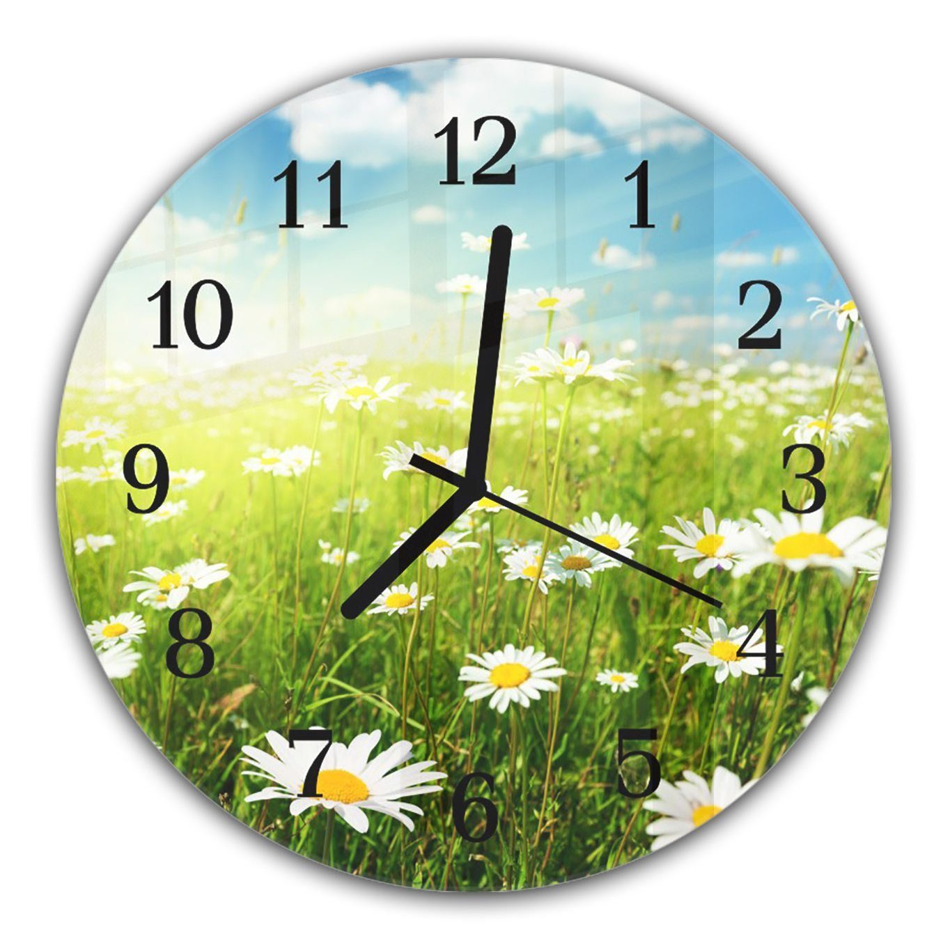 Primedeco Wanduhr Wanduhr aus Glas mit Motiv Feld mit Gändeblümchen - Rund mit Durchmesser 30 cm und Quarzuhrwerk