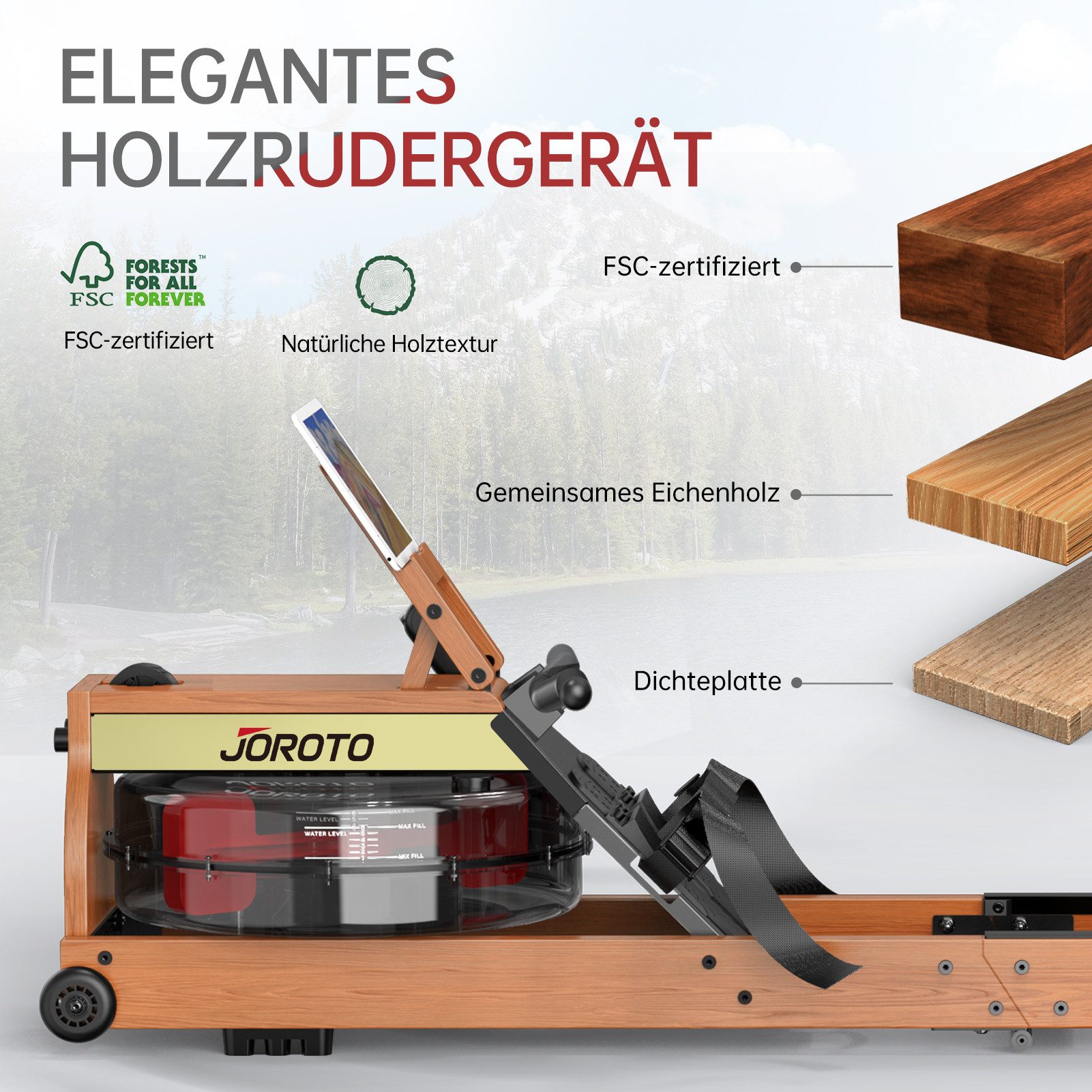 JOROTO Rudergerät für Zuhause Wasserrudergerät aus Holz, aus Eiche, Klappbares Rudergerät mit Bluetooth Monitor