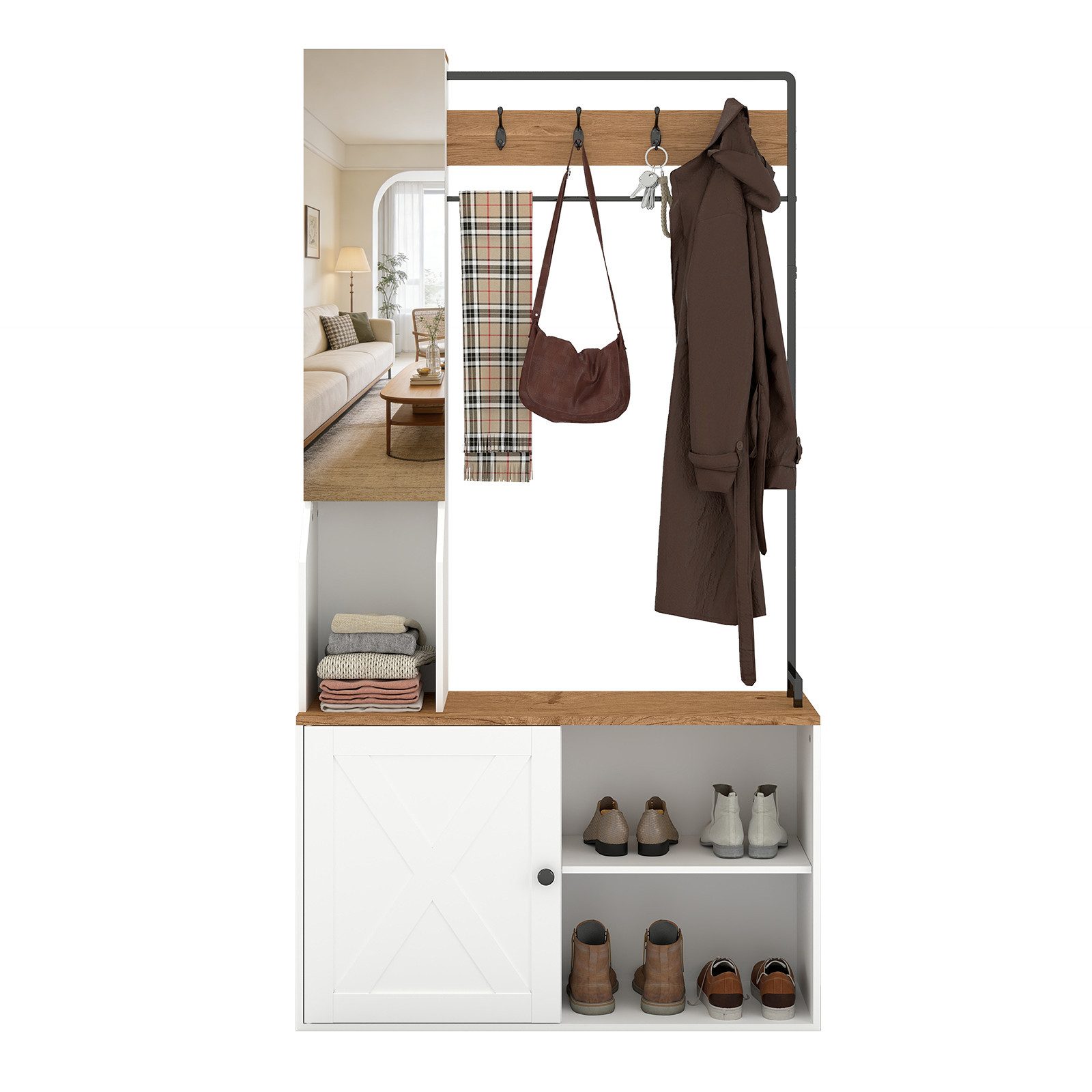 Puluomis Garderobenständer Garderobe Garderobenschrank mit Spiegel & Schuhbank, (Kleiderständer mit Aufbewahrungsregal, 4 Doppelhaken)