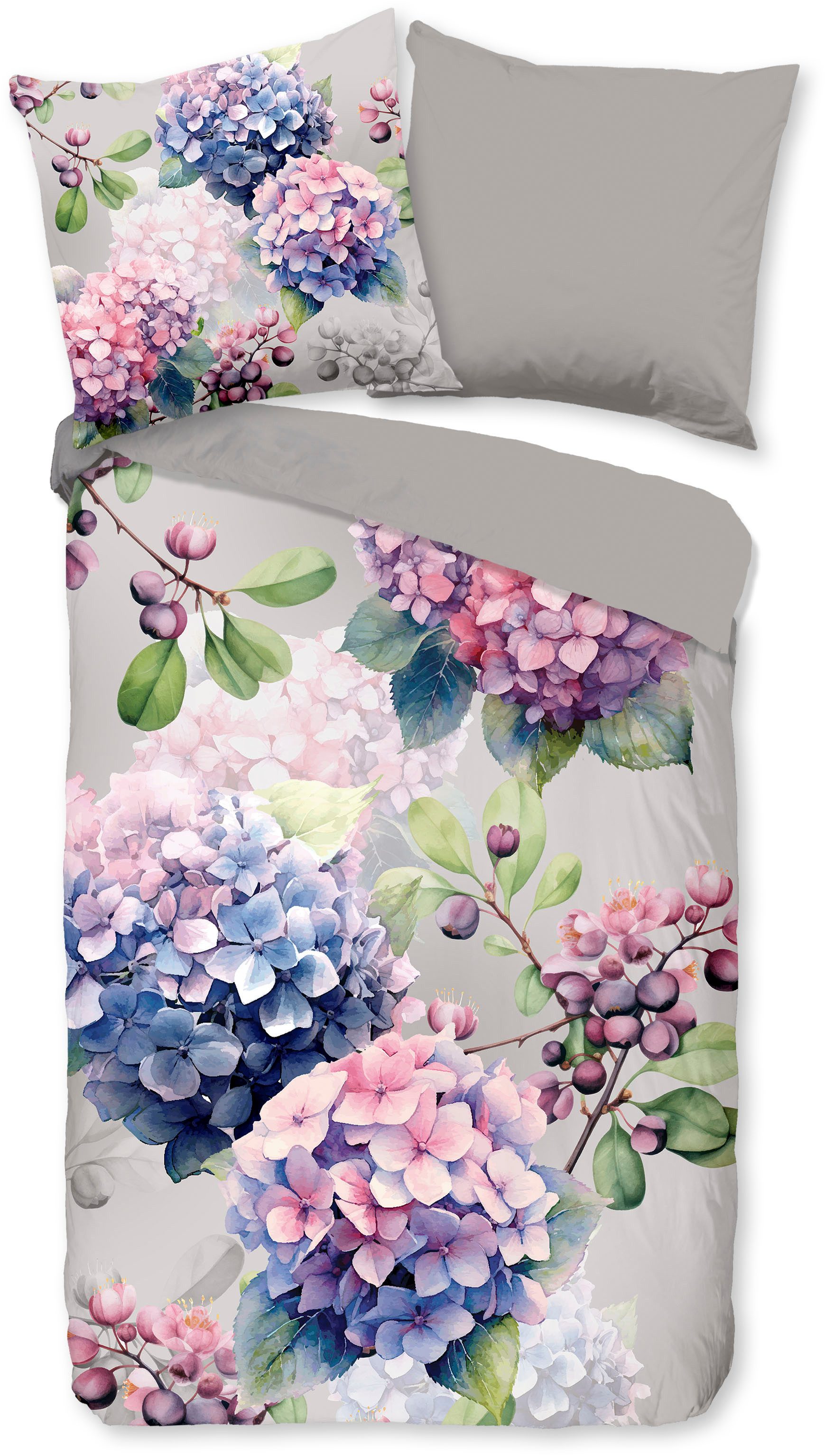 good morning Wendebettwäsche Julia, Renforcé, 2 teilig, 100% Baumwolle, Renforcé, Reißverschluss, Wendeoptik, Hortensie, Grau