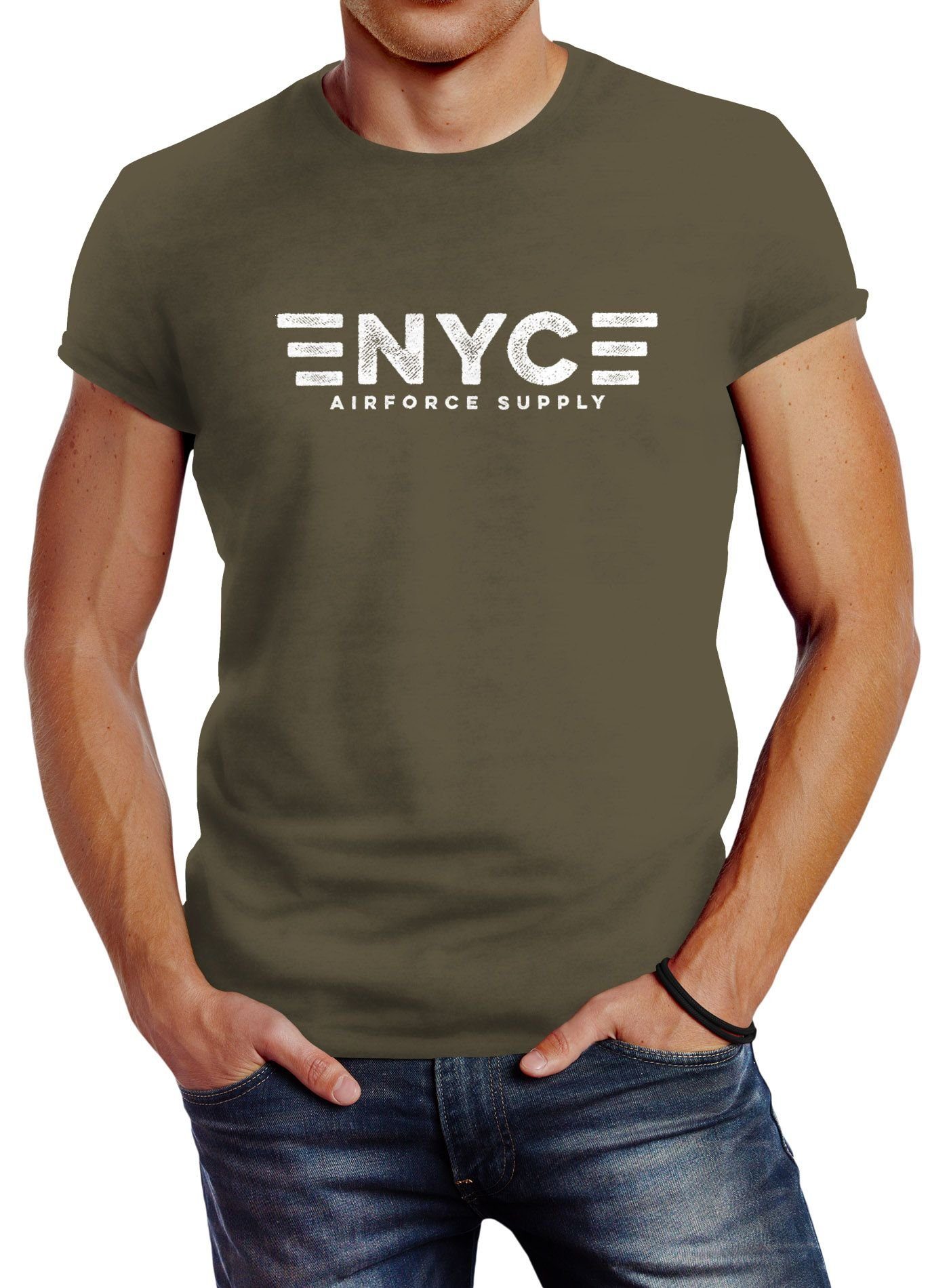 Neverless Print-Shirt Herren T-Shirt Aufdruck NYC New York City Airforce Supply Army Print Neverless® mit Print grün