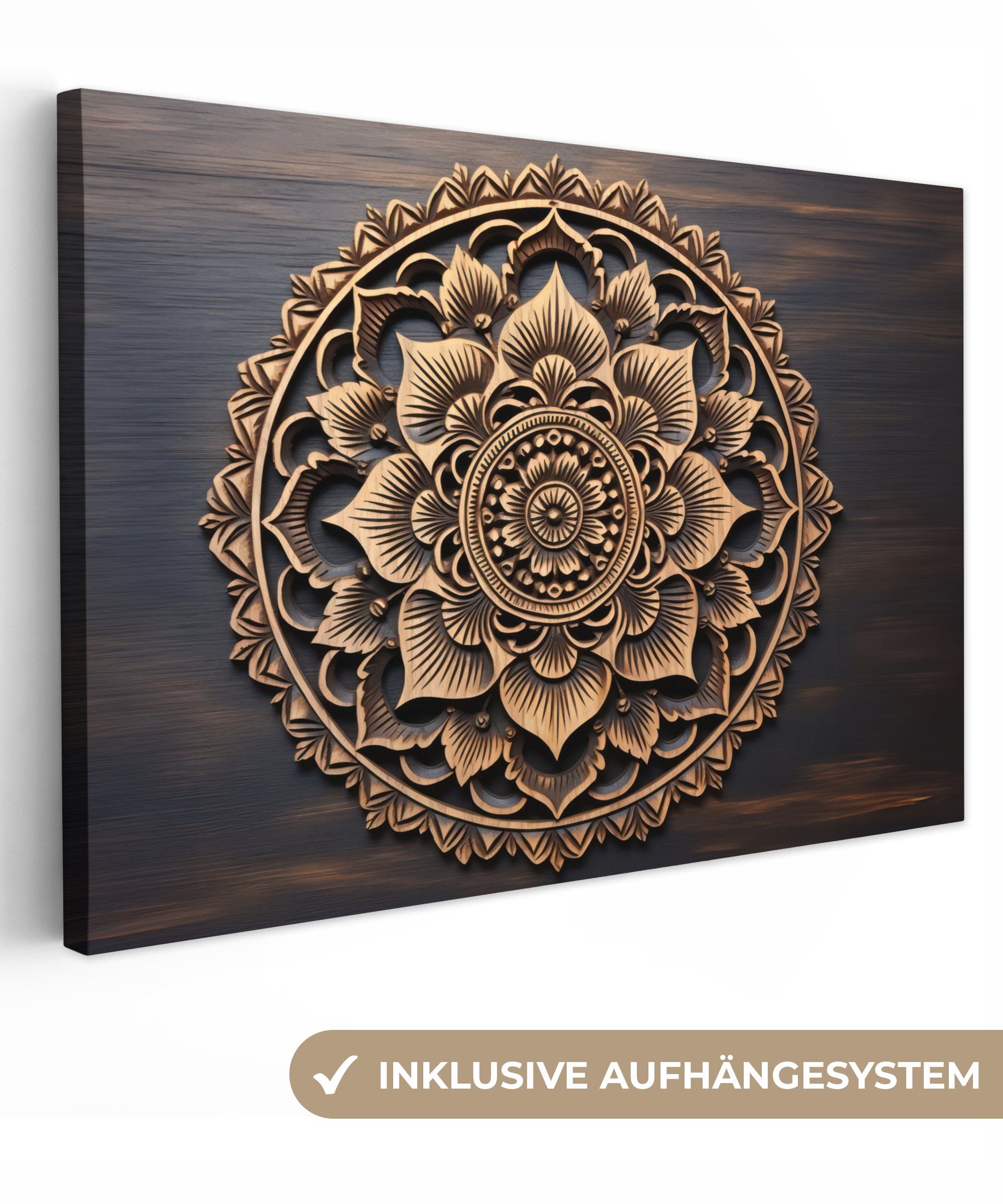 OneMillionCanvasses® Leinwandbild Mandala - Holz - Blumen - Braun, (1 St), Wandbild für alle Wohnbereiche, Gemälde, XXL, großes, 120x80 cm
