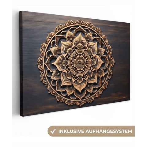 OneMillionCanvasses® Leinwandbild Mandala - Holz - Blumen - Braun, (1 St), Wandbild Leinwandbilder, Aufhängefertig, Wanddeko, 30x20 cm