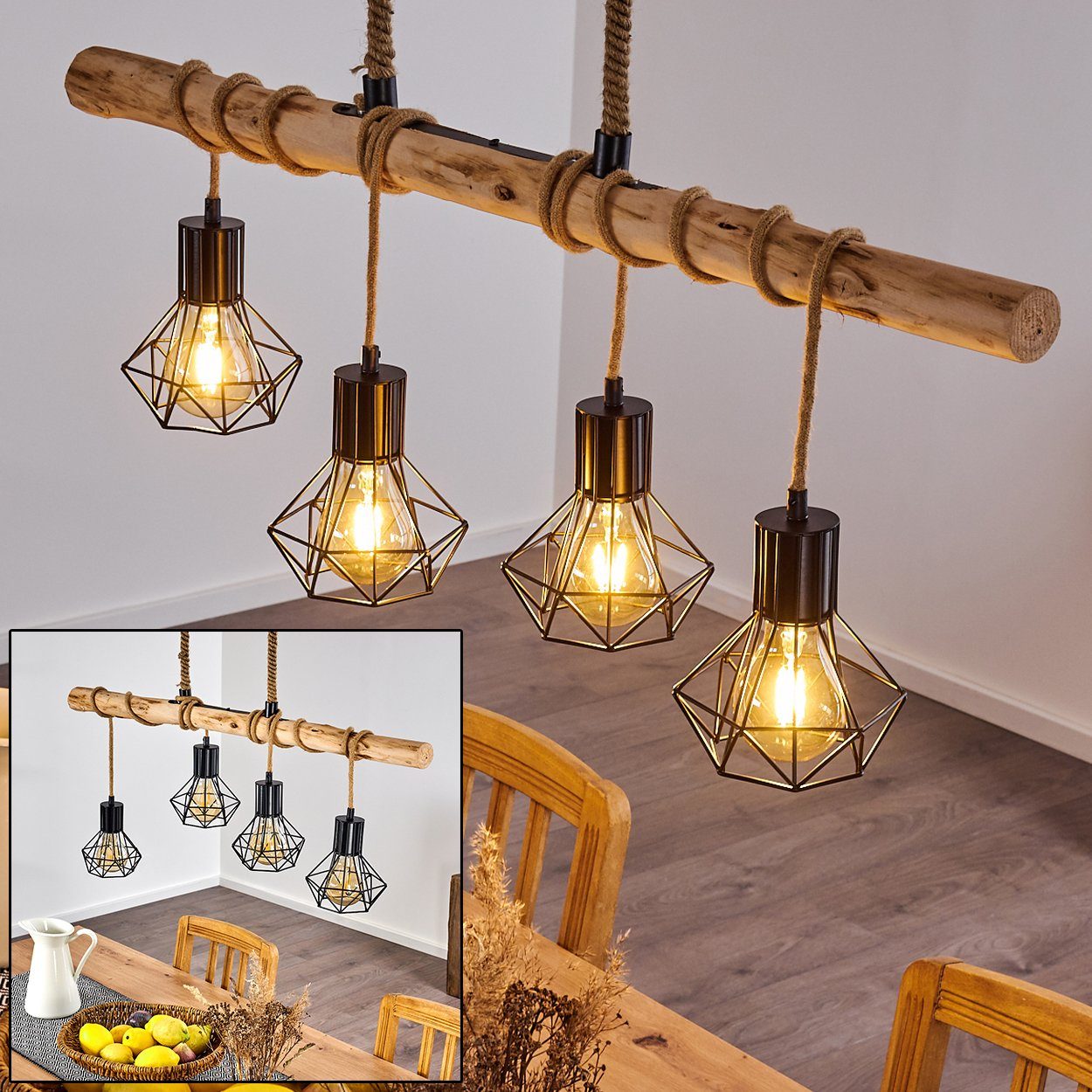 hofstein Pendelleuchte »Pomari« Hängelampe aus Metall/Holz/Kordel in Schwar günstig online kaufen