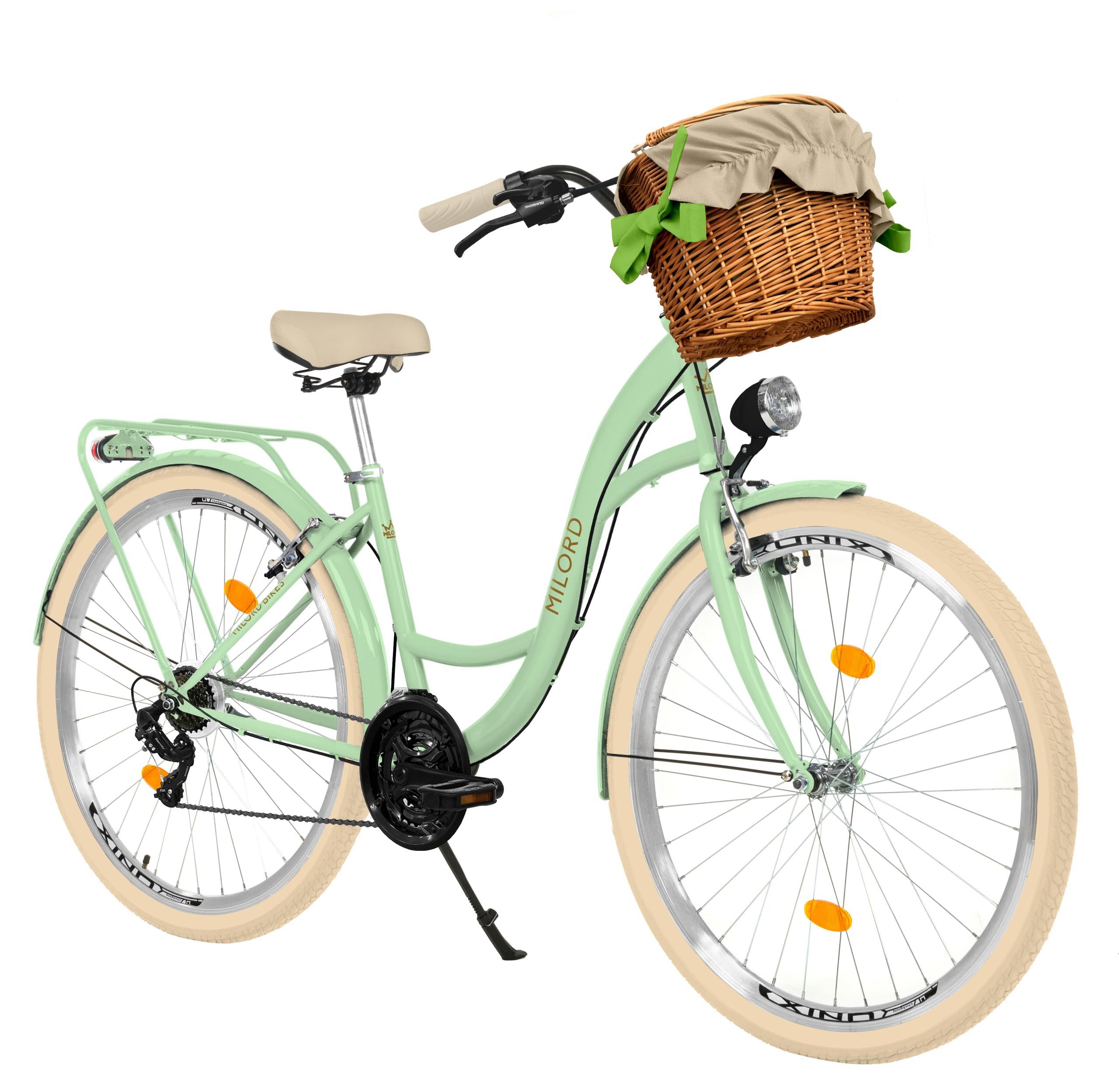 Milord Cityrad Damenfahrrad Citybike Mit Weidenkorb Vintage, 26/28 Zoll, 21-Gang, 21 Gang, (Fahrradständer, Gepäckträger, Klingel, Korb, Kotflügel)
