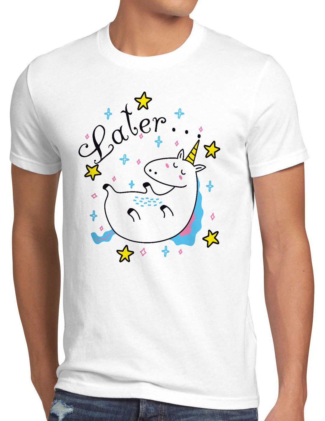 style3 Print-Shirt Herren T-Shirt Later Sleepy Unicorn Einhorn pferd fun funshirt do it später top weiß