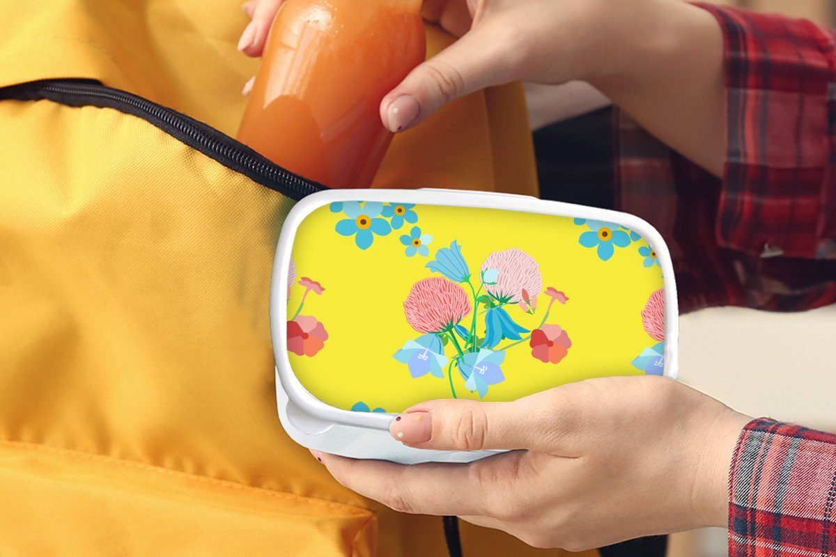 MuchoWow Lunchbox Kunststoff, Brotdose, Blumen Frühling (2-tlg), für - für Erwachsene, - weiß und Mädchen Jungs Blumenstrauß Brotbox und Muster, - Kinder