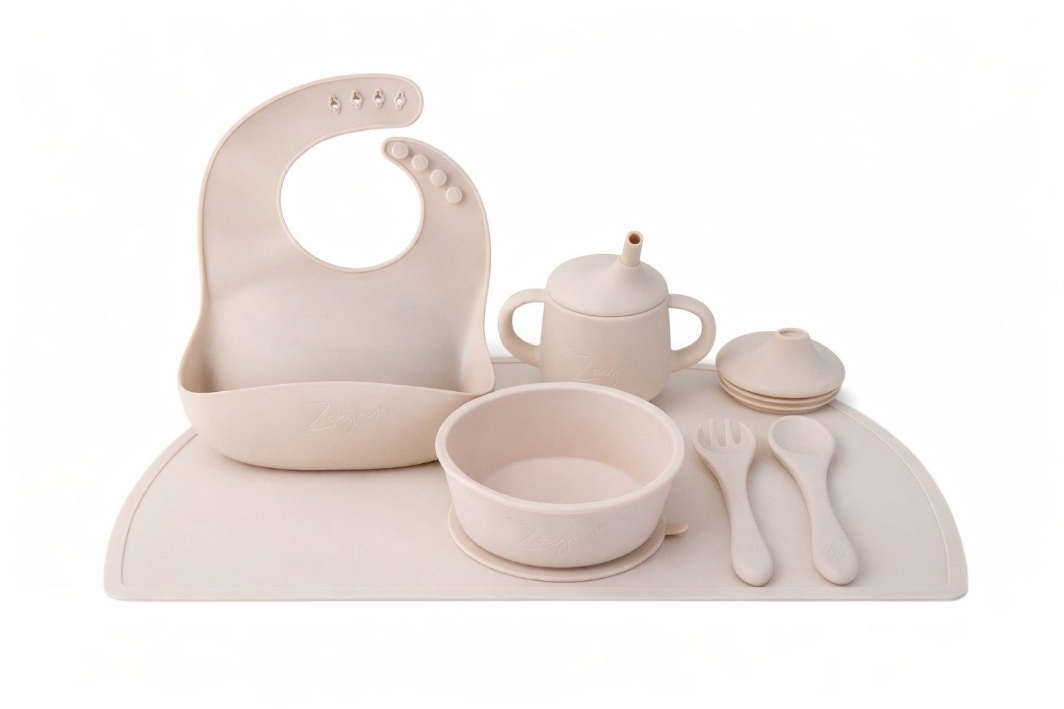 Zayno Kindergeschirr-Set Silikon-Geschirrset für Babys "Tischlein Deck Dich" in Muschelbeige (8-tlg), 1 Personen, Silikon, BPA-frei und LFGB-konform