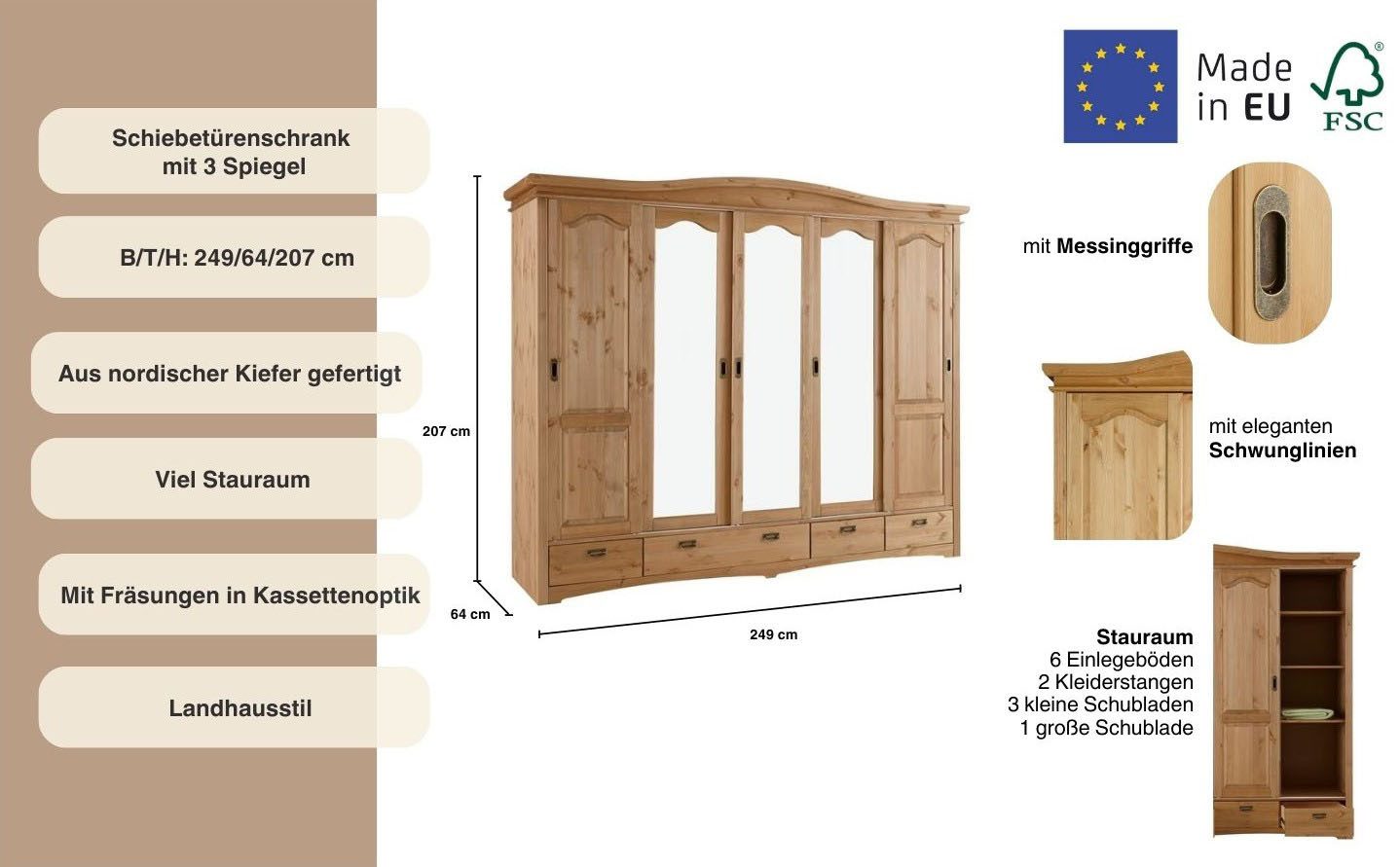 OTTO home Schiebetürenschrank Konrad, Landhausstil, rustikal, mit Schubladen + Spiegel, Kassetten (B/H/T ca. 249 cm x 207 cm x 64 cm) massive Kiefer, FSC®-zertifiziert, Messinggriffe