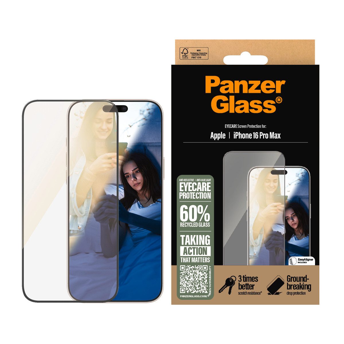 PanzerGlass Displayschutzglas EyeCare Screen Protection für Apple iPhone 16 Pro Max, Displayschutzfolie, Schutzfolie, Bildschirmschutz, kratz- & stoßfest