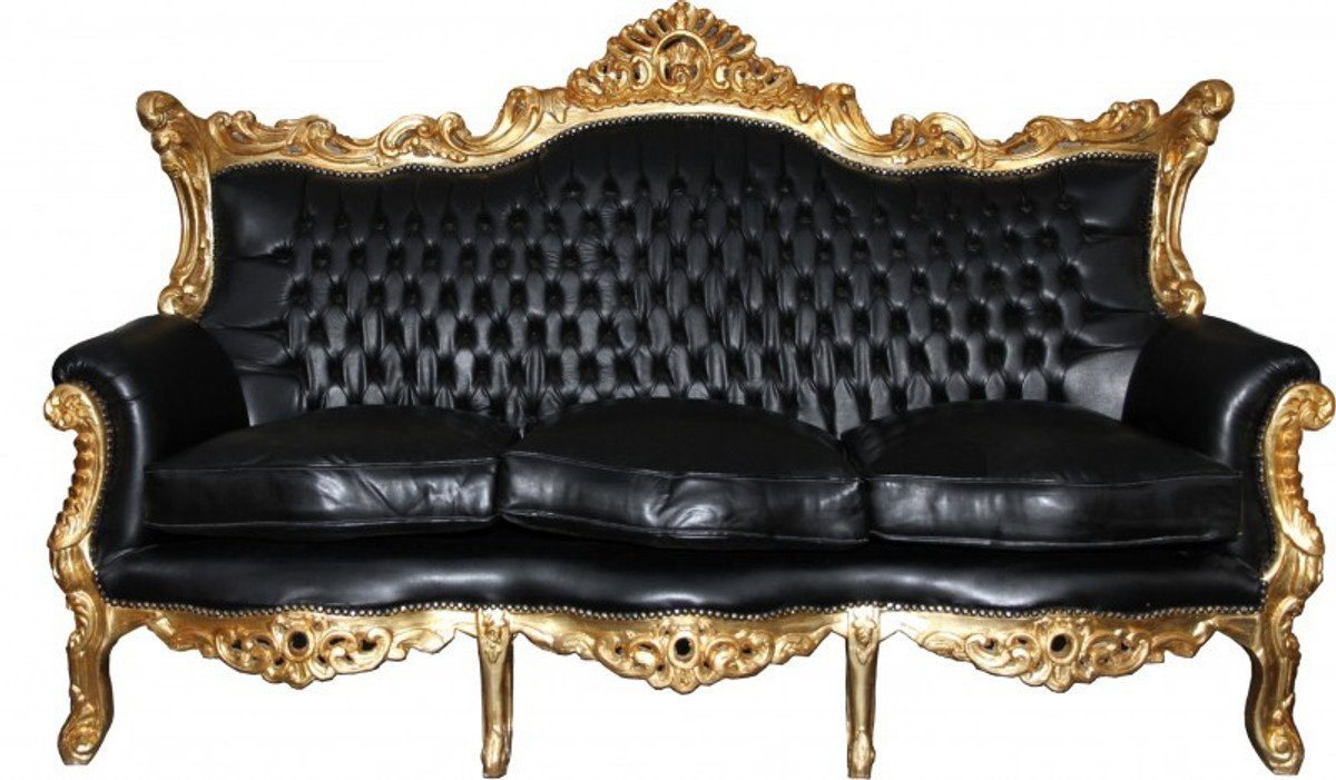Barock / Padrino Mod2 Edition Schwarz Gold Lounge 3er Sofa Lederoptik Casa 3-Sitzer - Wohnzimmer Möbel Couch - Master Limited