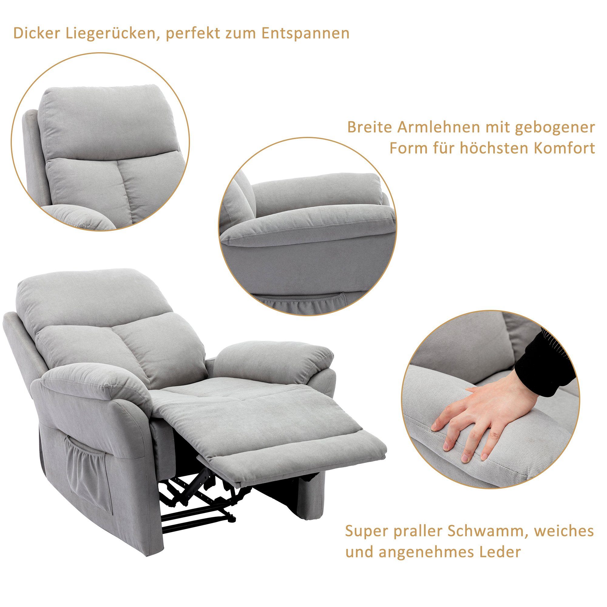 HAUSS SPLOE Relaxsessel Relaxsessel Einzelsessel (Seitentasche XL Fernsehsessel Material Wohnzimmer Grau für Hochwertiges Sessel)