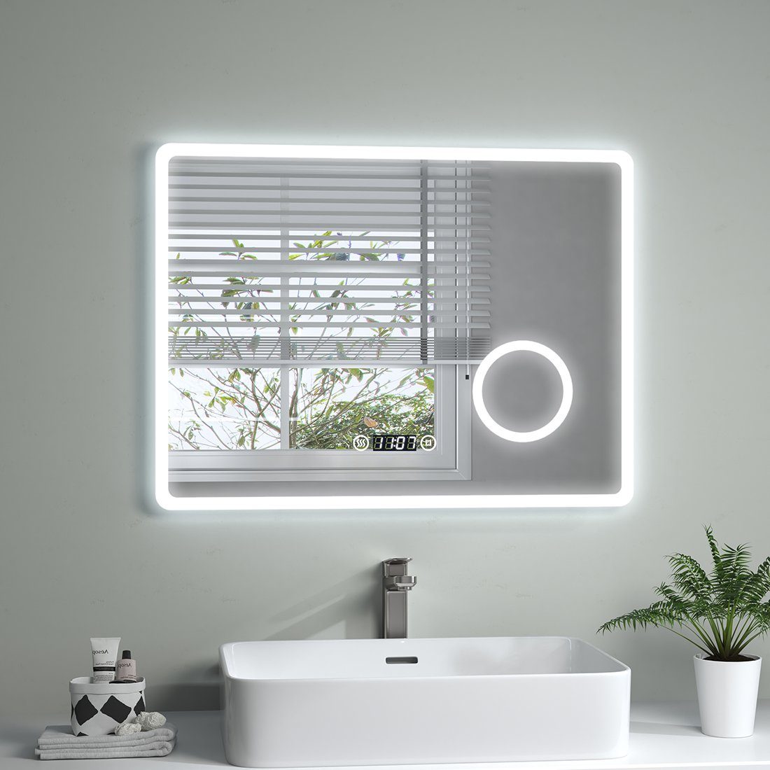 S'AFIELINA Badspiegel LED Badspiegel mit Beleuchtung Schminkspiegel Wandspiegel, Touchschalter,Uhr,Beschlagfrei,3-fach Vergrößerung,IP 54