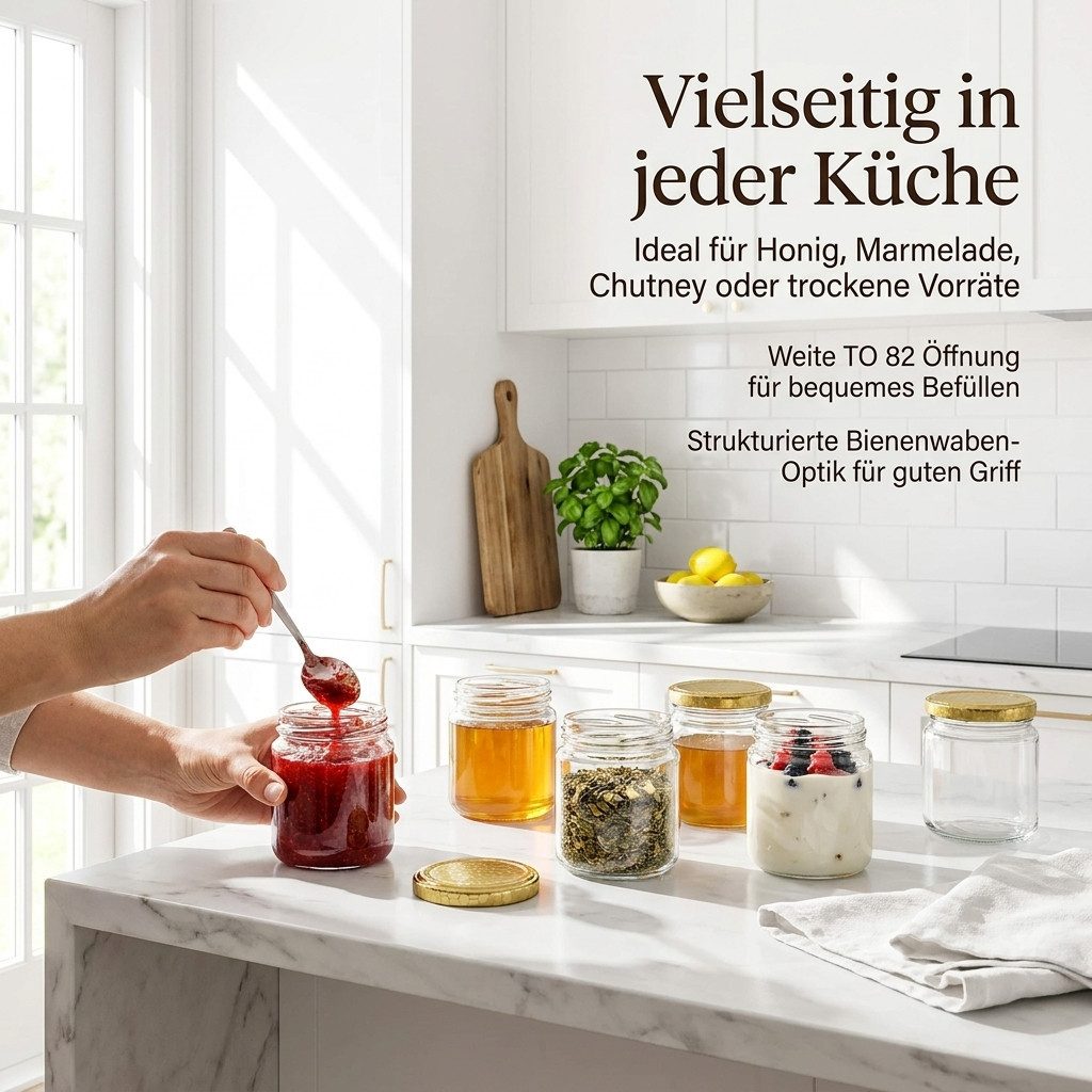 gouveo Honigglas 500g mit Schraub-Deckel - Leere Vorratsgläser 405 ml für Honig, Metall TO82 Bienenwabe, (24-tlg) – Bild 5 von 5
