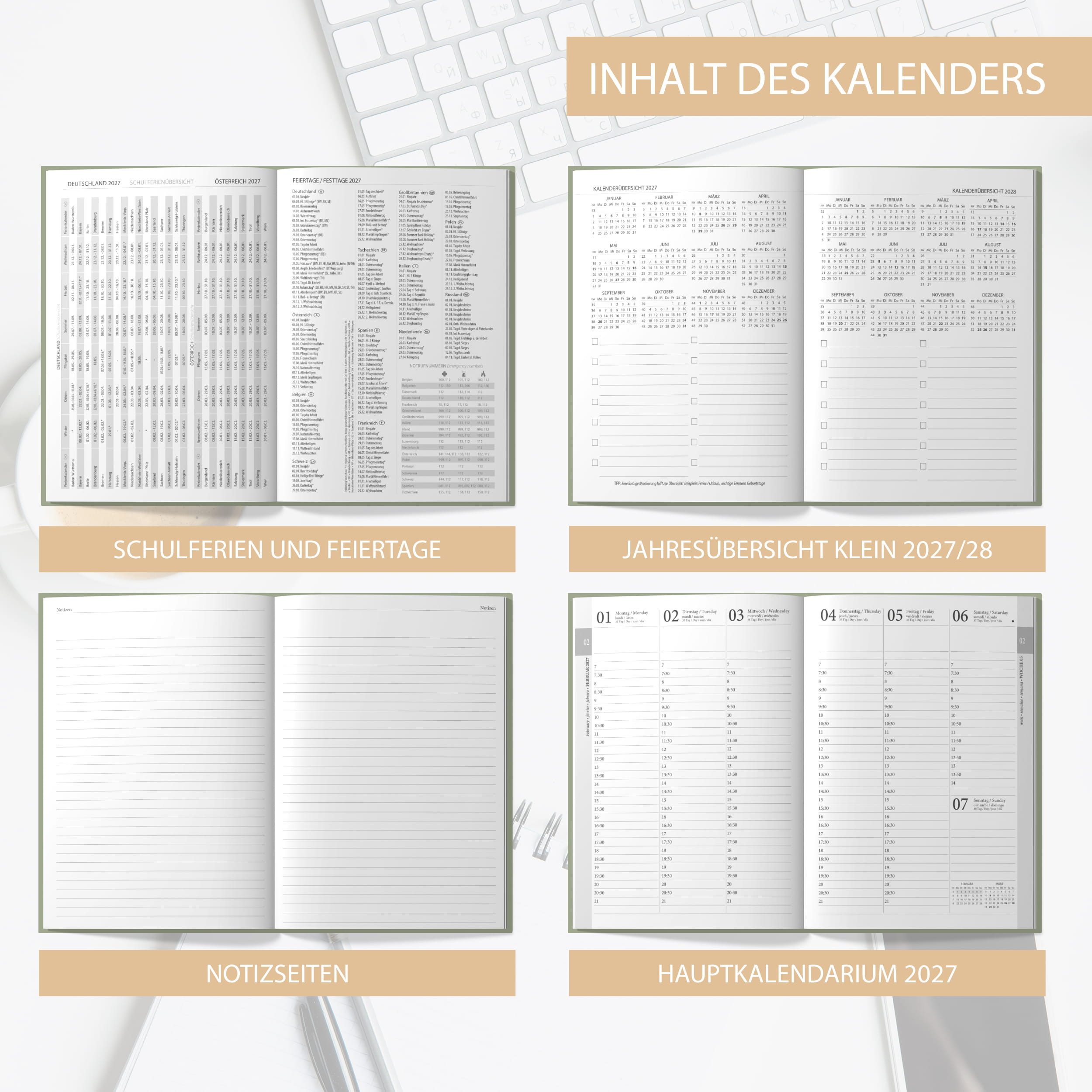 TOBJA Buchkalender Buchkalender 2027 Wochenplaner salbeigrün Skandi OptiPlaner Sage FSC, Salbeigrün, Roségold-Blumen, 30-Min-Taktung, 18,5x26 cm, FSC – Bild 5 von 5