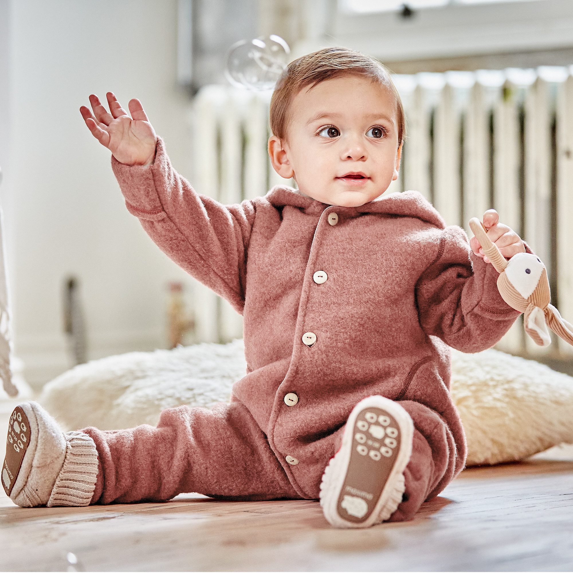MAXIMO Overall GOTS BABY-Overall, Wollfleece Jerseyfutter, Knöpfe, Pompon (1-tlg) Wollfleece