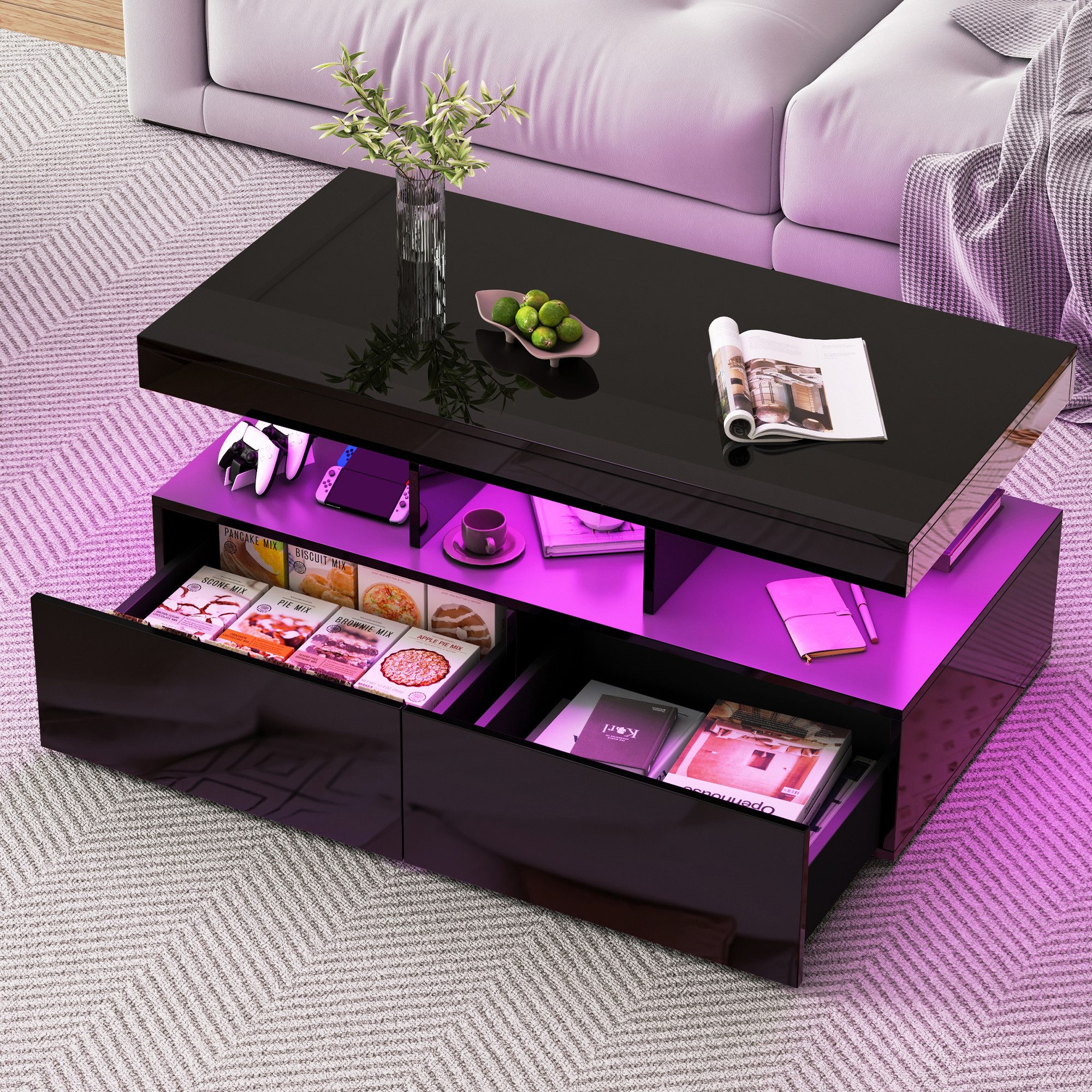 PXloue Couchtisch LED-Couchtisch mit Stauraum und modernem Design (Hochglänzender), Praktischer Tisch mit Schubladen und integrierter Beleuchtung