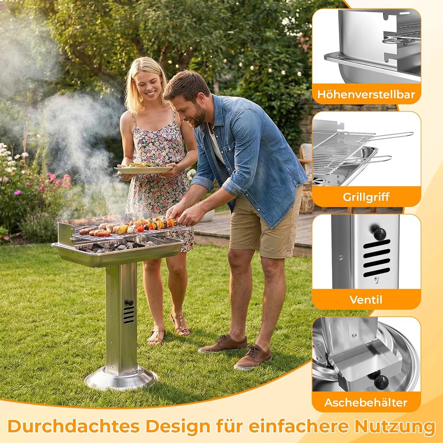 TLGREEN Holzkohlegrill Holzkohlegrill Wetterfest 52x32x84cm, Säulengrill mit 3-fach Höhenverstellbarem, Grillrost Aschekasten Belüftung, Outdoor Camping Garten BBQ Grill für 3-5 Personen