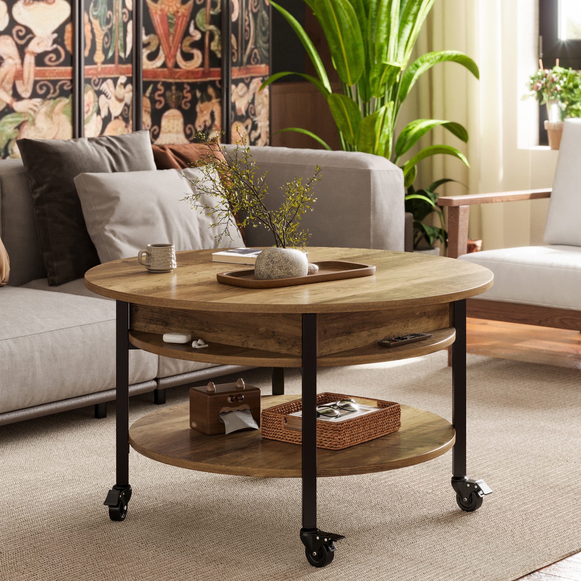 FABATO Couchtisch Runder Couchtisch mit Höhenverstellung, Rädern und Staufach (1-St), ideal für Wohnzimmer, in Natur