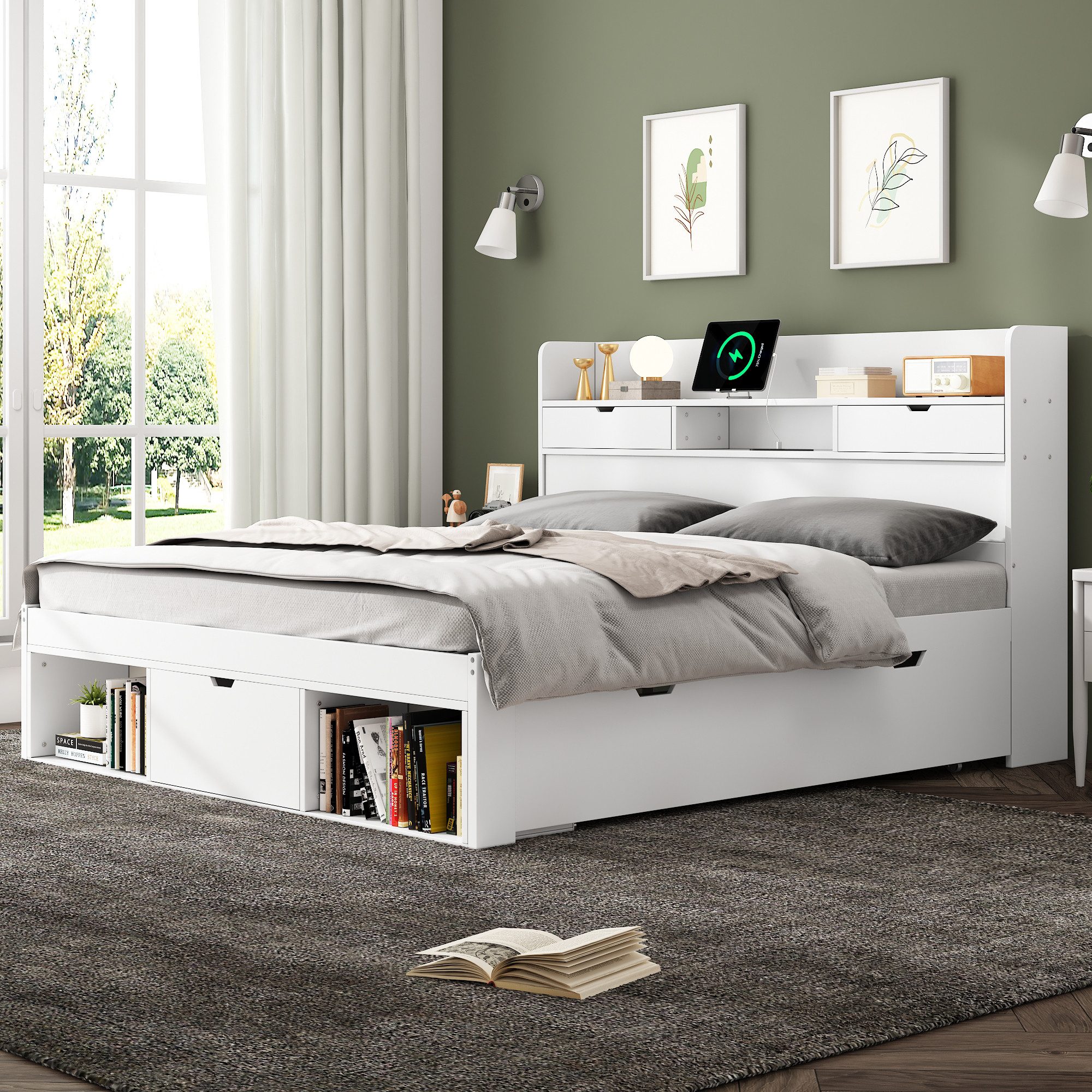 Flieks Holzbett, Doppelbett 180x200cm mit USB-Laden günstig online kaufen