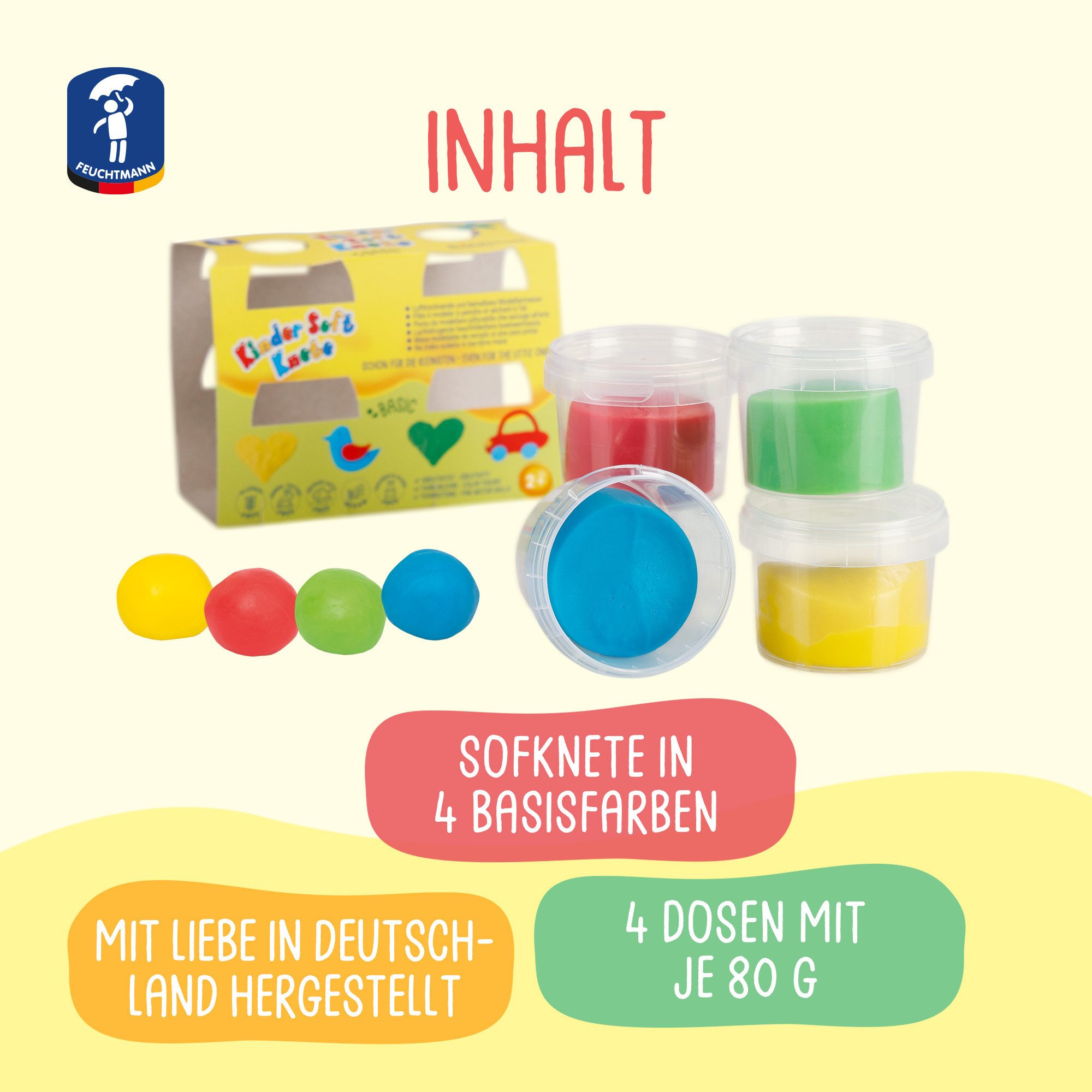 Feuchtmann Knete KINDER SOFT KNETE Mini Basic (1-tlg), 4 x 80g weiche lufttrocknende Kinderknete in praktischen Dosen