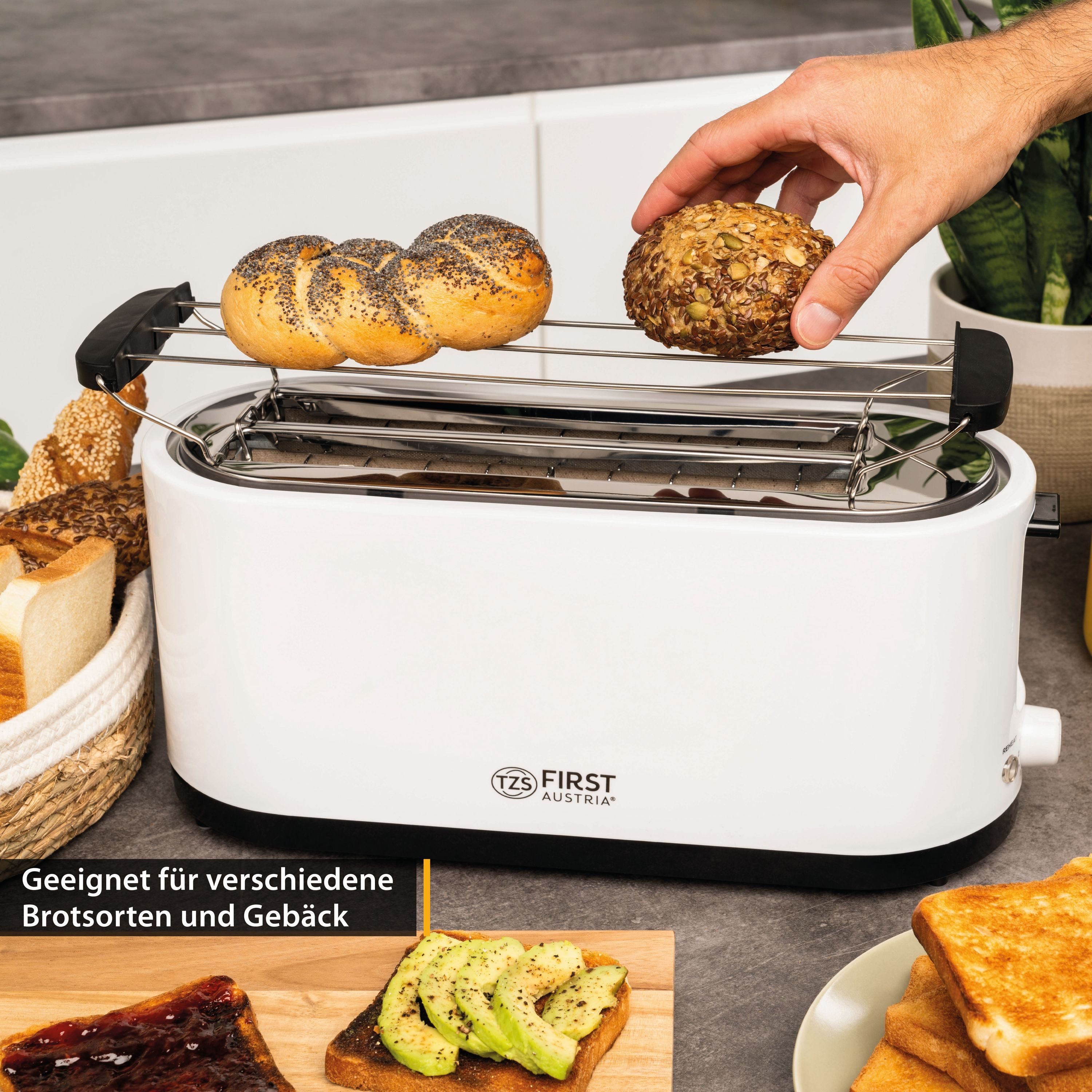 TZS FIRST AUSTRIA Toaster 4 Scheiben, Langschlitz, 1400W mit Krümelschublade, Brötchenaufsatz, für, 1400 W, Temperatureinstellung, Edelstahlgehäuse, Auftaufunktion