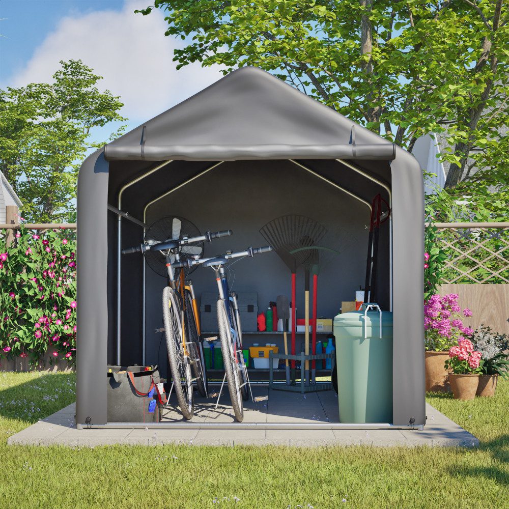 BBWL Gerätehaus mit Stahlgestell, wetterfester PE-Plane & Reißverschlusstür dunkelgrau, Fahrradgarage Gerätehaus für Fahrräder und diverse andere Gegenstände