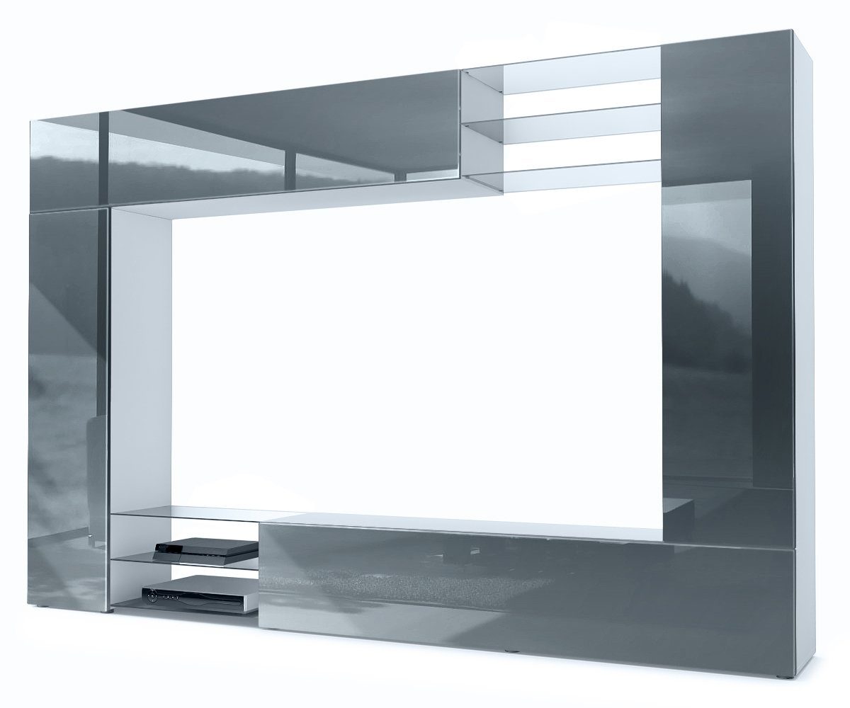 Vladon Wohnwand Mirage, (Anbauwand mit Rückwand mit 2 Türen, 4-St., 2 Klappen und 6 offenen Glasablagen), Weiß matt/Grau Hochglanz (262 x 183 x 39 cm) Front in Grau Hochglanz