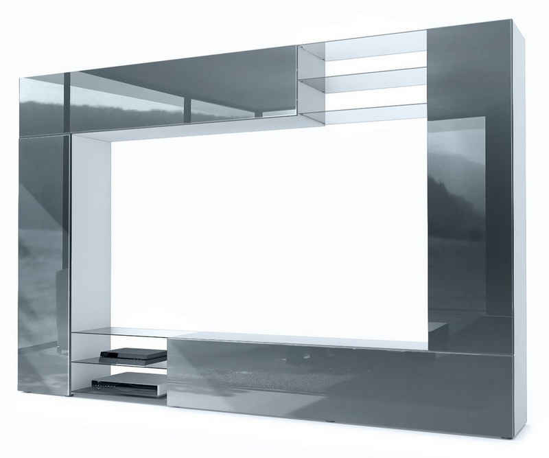 Vladon Wohnwand Mirage, (Anbauwand mit Rückwand mit 2 Türen, 4-St., 2 Klappen und 6 offenen Glasablagen), Weiß matt/Grau Hochglanz (262 x 183 x 39 cm)