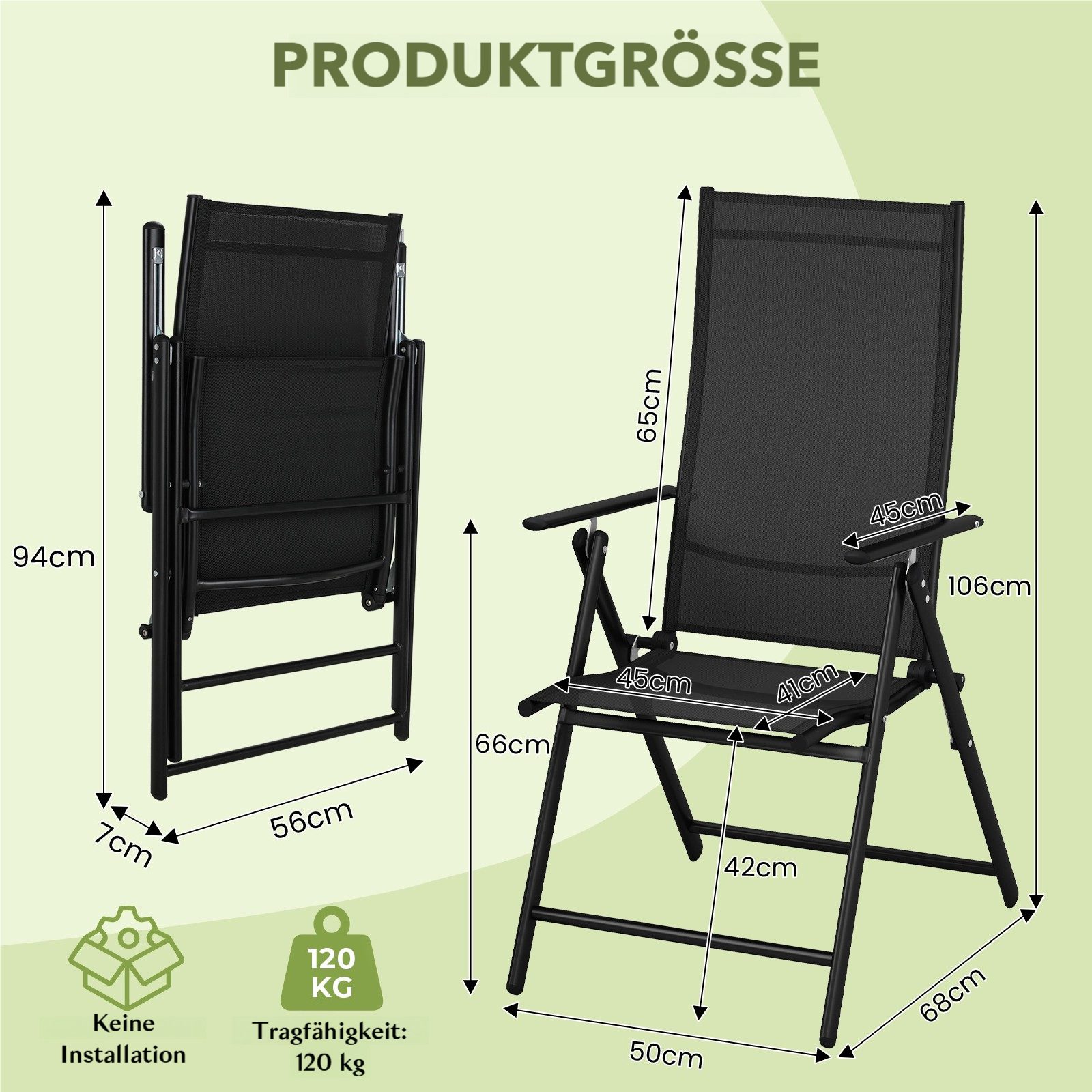 TLGREEN Klappstuhl 2-er Set Gartenstuhl,Klappbarer aus Texteline-Gewebe, (7-Fach Verstellbare Rückenlehne,Bis 120kg Belastbar, 2 St), für Garten, Terrasse, Balkon und Camping