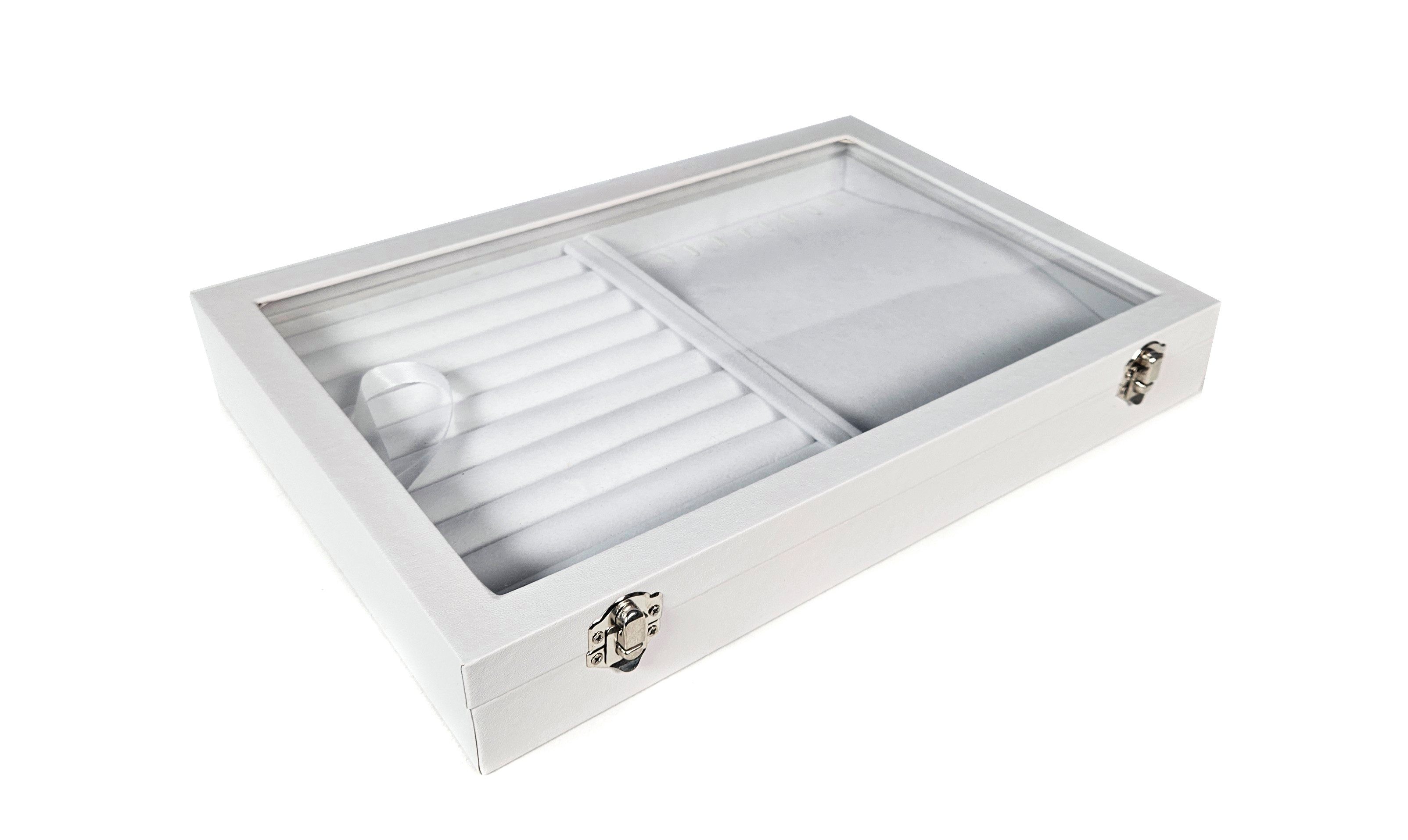 Yudu Schmuckkasten Schmucklade Schmuckkasten Schaukasten mit Glasdeckel Weiss – Bild 2 von 5