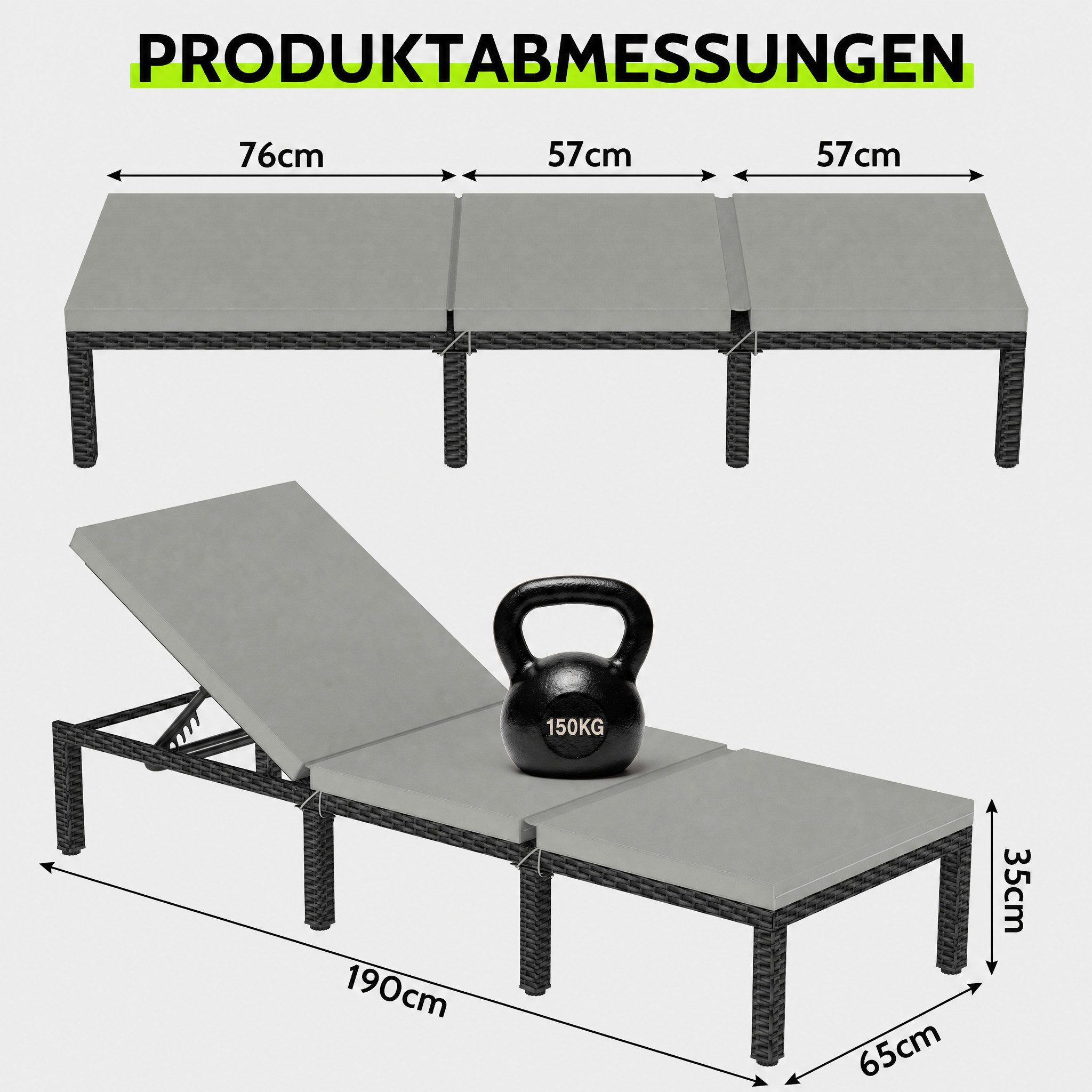 Huracan Gartenliege Sonnenliege mit 5-Fach höhenverstellbarer Rückenlehne, Gartenliege Daybed Outdoor mit Bequemer Polsterauflage, 1 St., Relaxliege Rattan Polyrattan für Innen und Außen Balkonliege